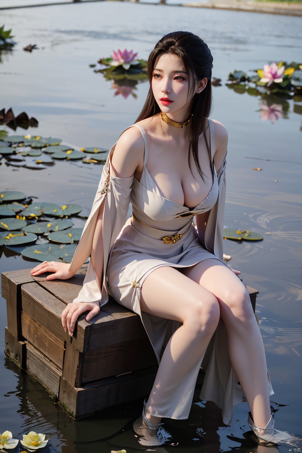 masterpiece,1girl,tall body,full  body,(Sitting on the grass by the river:1.56), (lotus pond full of lotus flowers:1.59), (big breasts:1.39),(Flowers:1.69), tianhu,