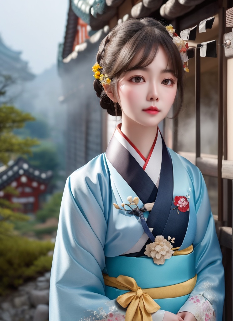 1 lady with beautiful face,  wearing hanbok,  elegant posture on Tensor.Art