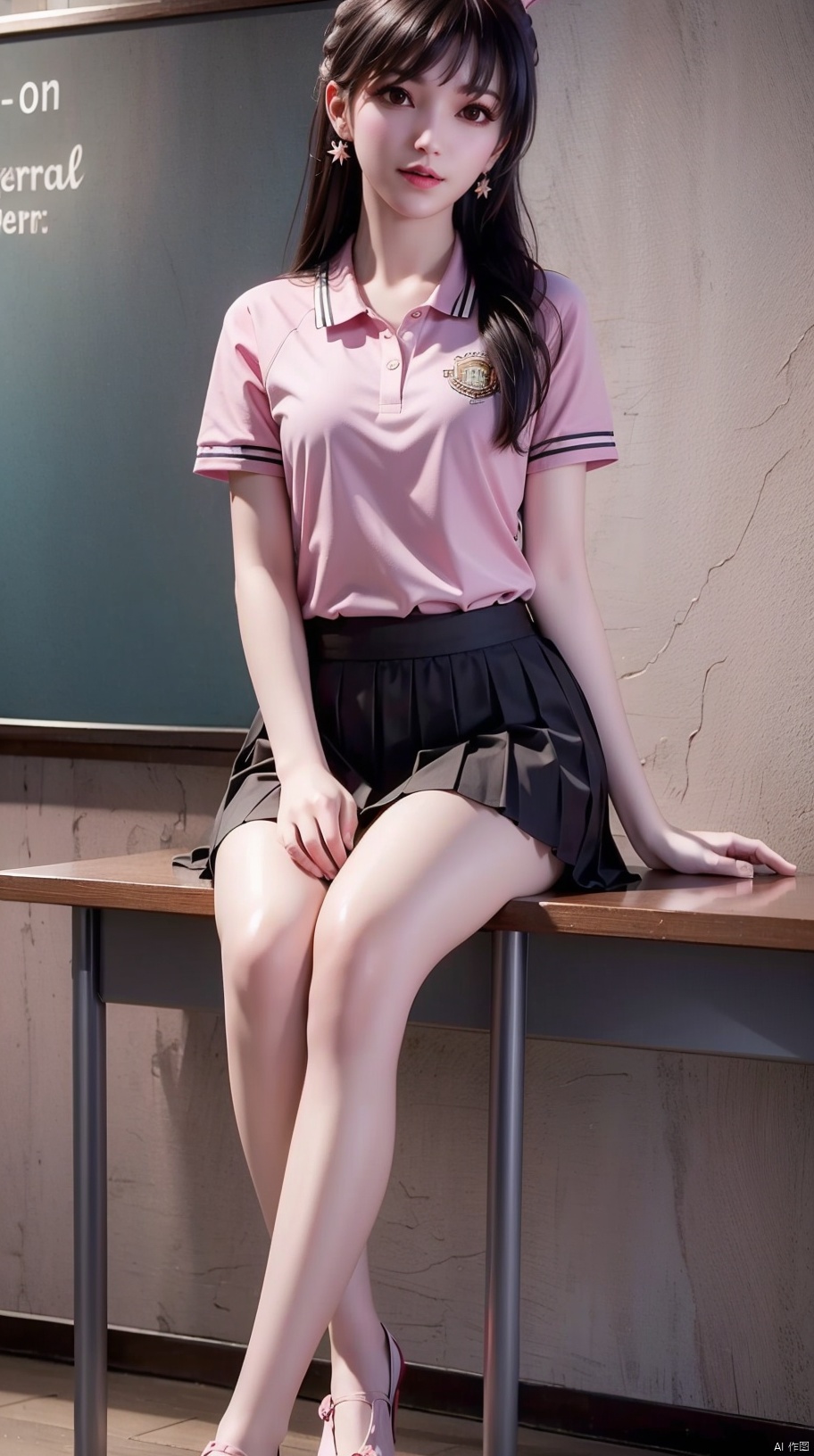 High definition wallpaper, a girl, beautiful, beautiful, with long black hair, rabbit ears, headwear, earrings, chest, sitting, legs, pink student attire, collarbone, classroom, classroom background