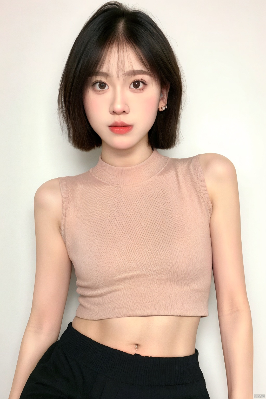 1girl, high quality,  looking at viewer,  shorts, t-shirt, skin tight,  thin, blush, upper body, navel,GXgirl, 