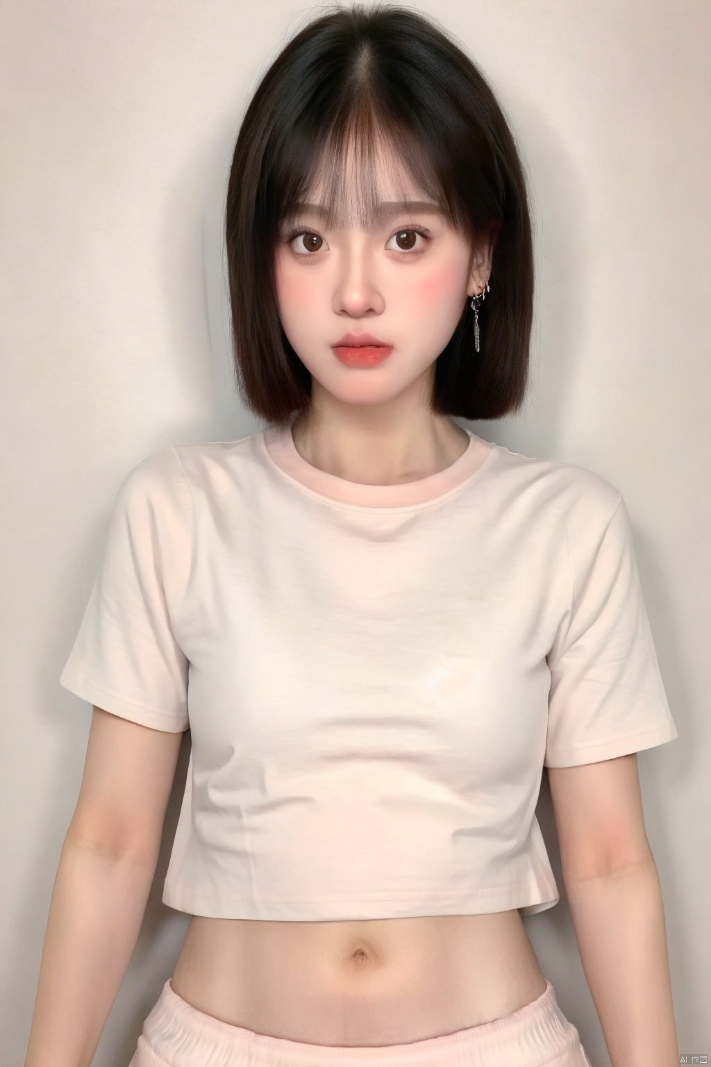 1girl, high quality,  looking at viewer,  shorts, t-shirt, skin tight,  thin, blush, upper body, navel,GXgirl, ,moyou