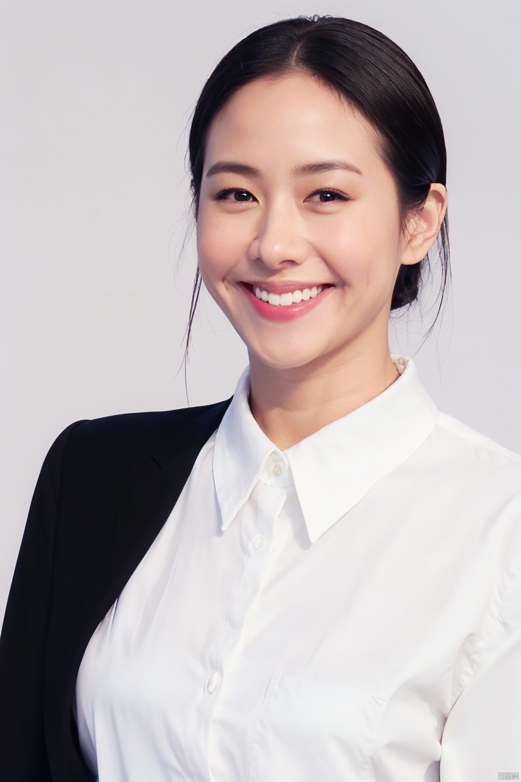 1girl,  looking at viewer, smile, short hair, simple background, shirt, black hair, white background, brown eyes, white shirt, upper body, teeth, collared shirt, grin, black eyes, lips, realistic, stewardess,multiplegirls, SaayaIrie