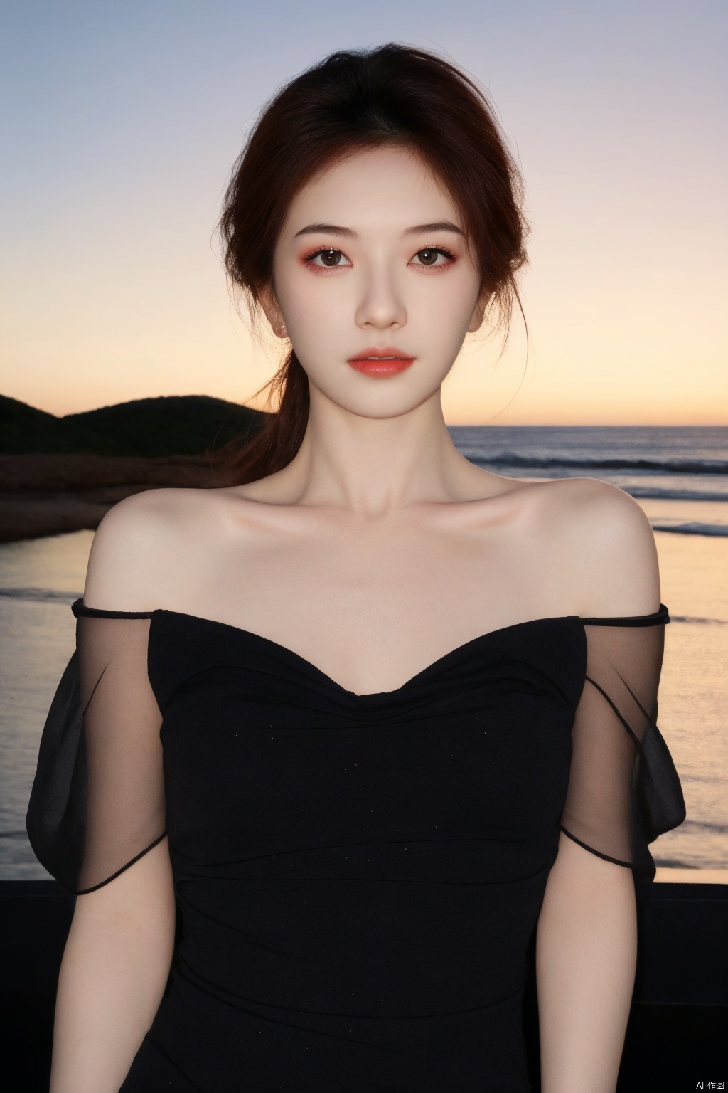 1girl, high quality, masterpiece, standing, looking at viewer, mole, black dress, see-through, lace trim ,upper body,ocean, big breasts, parted lips, night, crescent, dim light,1 girl