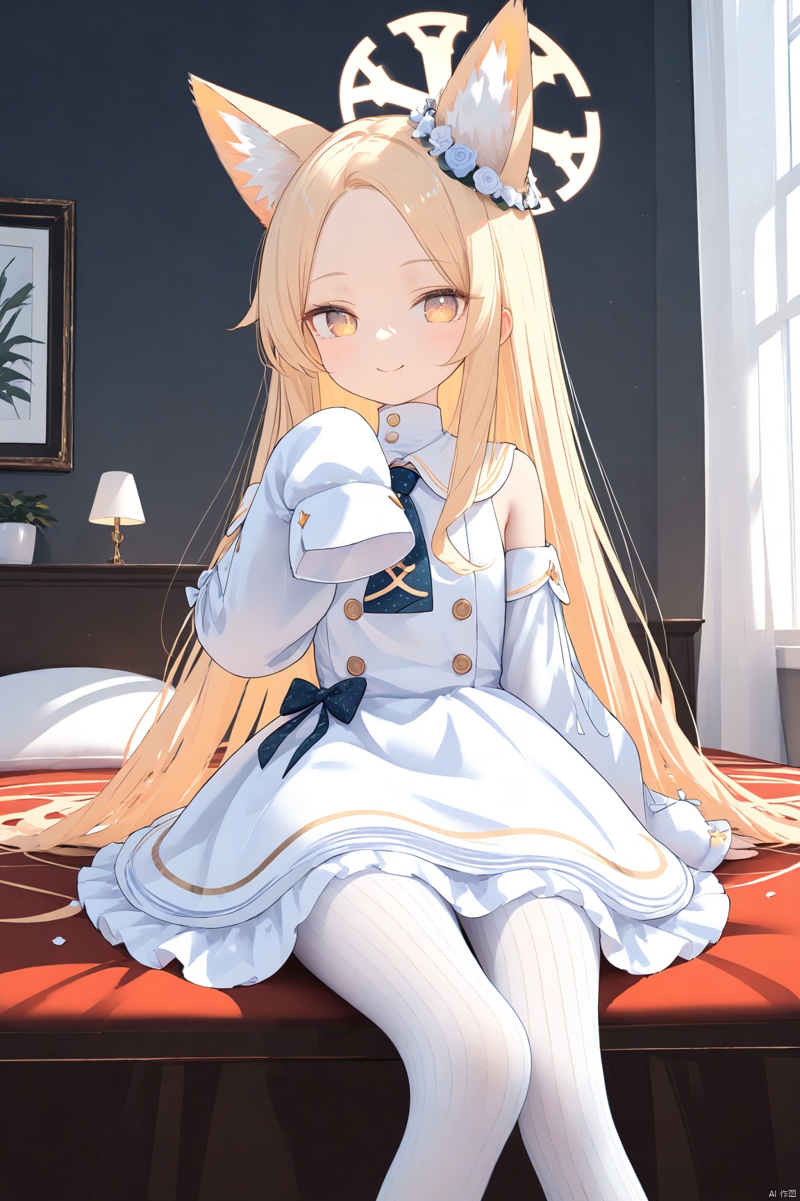  1girl,solo,(masterpiece:1.3),( beautiful:1.2),(high quality:1.2),(finely detailed:1.2),extremely detailed CG unity 8k wallpaper,best quality,a very delicate and beautiful,perfect fingers,(one cute girl at the center:1.2),
seiaBA,long hair,bangs,blonde hair,long sleeves,dress,bow,animal ears,very long hair,standing,tail,yellow eyes,pantyhose,frills,detached sleeves,necktie,sleeveless,white dress,high heels,animal ear fluff,sleeves past wrists,parted bangs,fox ears,sleeveless dress,halo,frilled dress,white bow,forehead,puffy long sleeves,sleeves past fingers,white pantyhose,absurdly long hair, sitting, 
 sunlight, indoors, smile,  seiaBA, striped pantyhose, vertical_striped pantyhose, yellow striped pantyhose, cowboy_shot