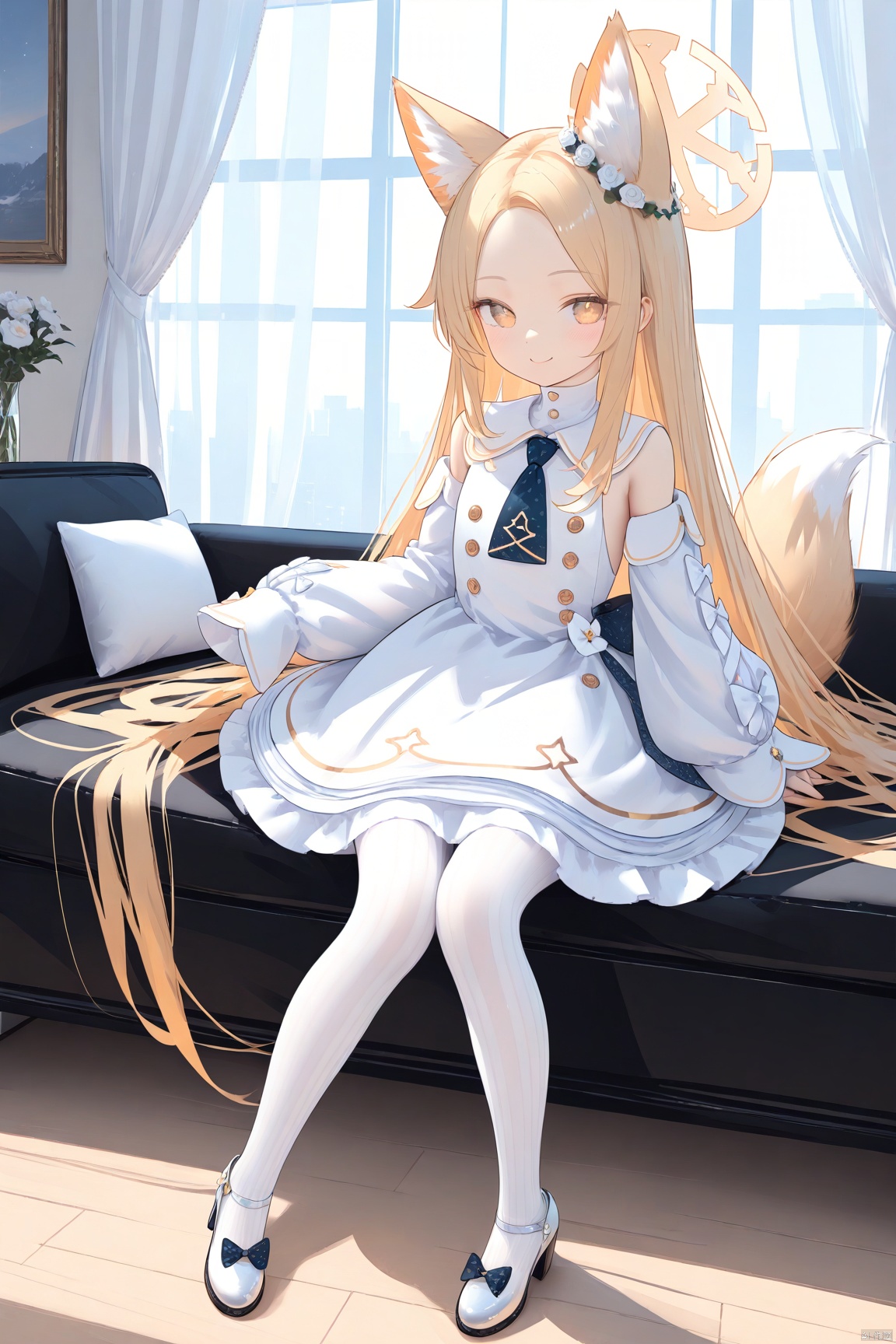  1girl,solo,(masterpiece:1.3),( beautiful:1.2),(high quality:1.2),(finely detailed:1.2),extremely detailed CG unity 8k wallpaper,best quality,a very delicate and beautiful,perfect fingers,(one cute girl at the center:1.2),
seiaBA,long hair,bangs,blonde hair,long sleeves,dress,bow,animal ears,very long hair,standing,tail,yellow eyes,pantyhose,frills,detached sleeves,necktie,sleeveless,white dress,high heels,animal ear fluff,sleeves past wrists,parted bangs,fox ears,sleeveless dress,halo,white footwear,frilled dress,white bow,forehead,puffy long sleeves,sleeves past fingers,white pantyhose,absurdly long hair, sitting, 
 sunlight, indoors, smile,  seiaBA, striped pantyhose, vertical_striped pantyhose, yellow striped pantyhose, 