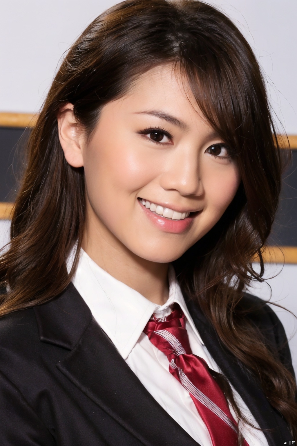 1girl, solo, long hair, looking at viewer, smile, bangs, brown hair, shirt, black hair, brown eyes, school uniform, jacket, white shirt, upper body, necktie, teeth, collared shirt, grin, black eyes, red necktie, realistic,big breasts