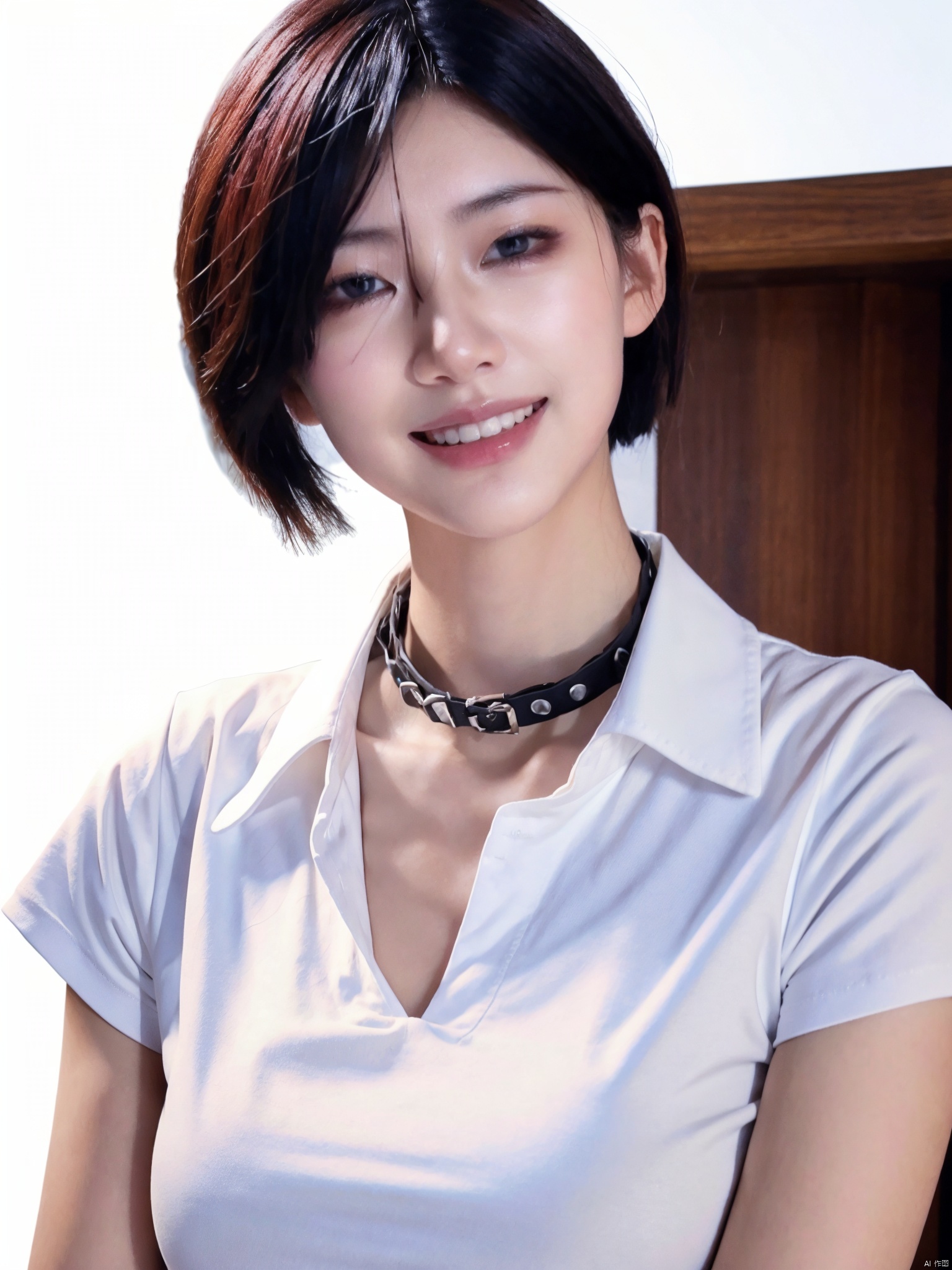 1girl, solo, looking at viewer, smile, short hair, simple background, shirt, black hair, white background, brown eyes, white shirt, upper body, teeth, collared shirt, grin, black eyes, lips, realistic