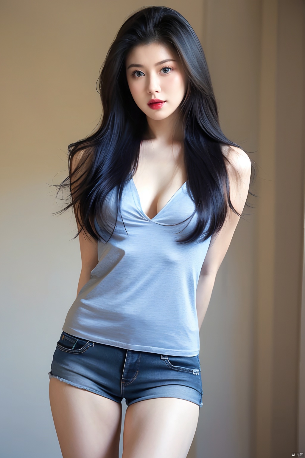 1girl,early ****,fair_skin,makeup,absurdres,realistic,cowboy_shot,facing viewer,solo,big chest,leg seams,exposed vagina,long hair,(arms_behind_back:1.3),huge filesize,clothes_down,micro_shorts,