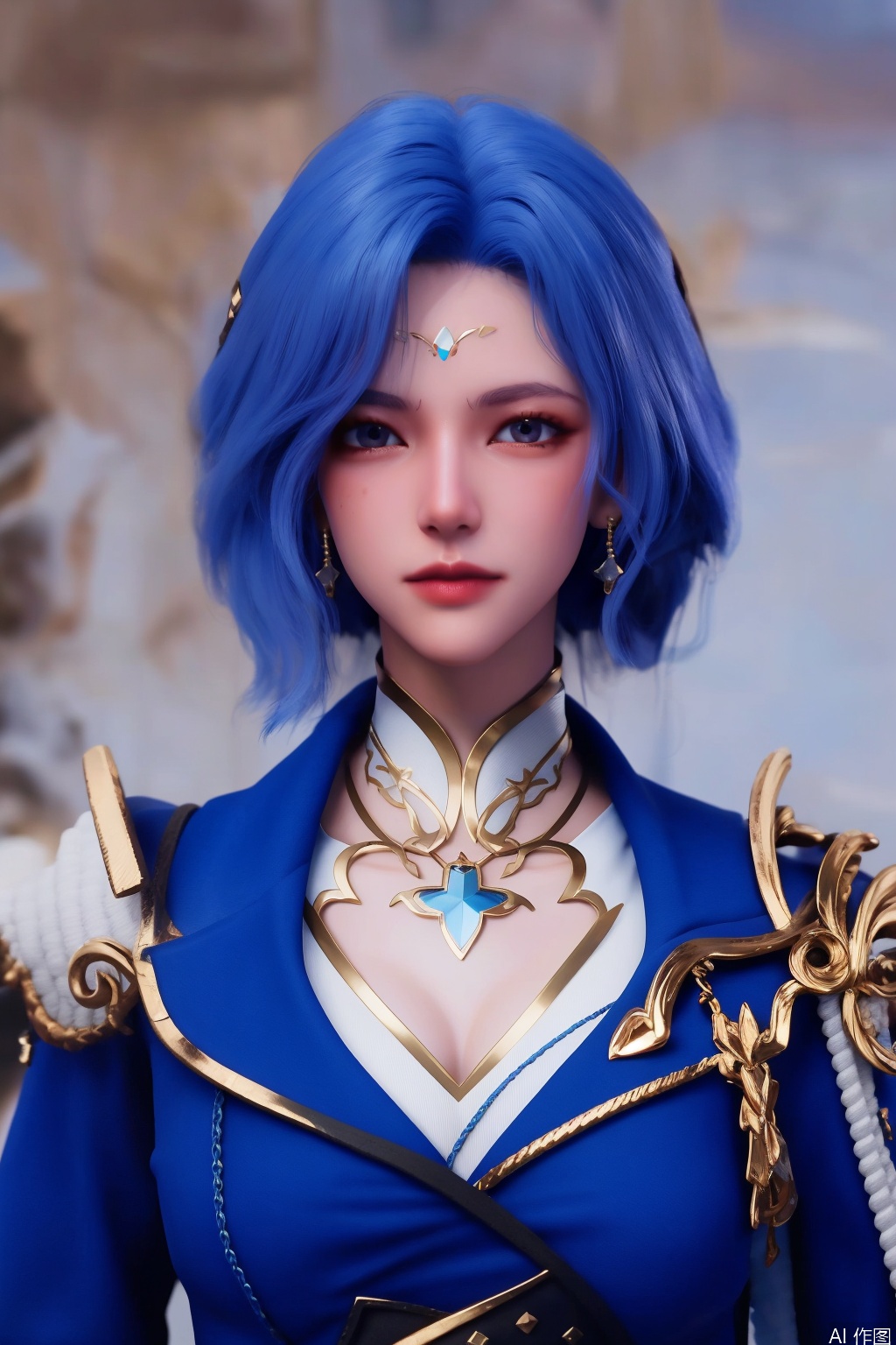 masterpiece,bestquaily,3D,3D Realism,3D Render,4K,8K  wallpaper,HDR,Movie-level lighting, high-precision rendering,,,,,1girl,solo,blue eyes,short hair,blue hair,hair ornament,jewelry,earrings,White lining, cleavage,uniform,upper_body,Blue robe,staff,large breast,lanyanyu