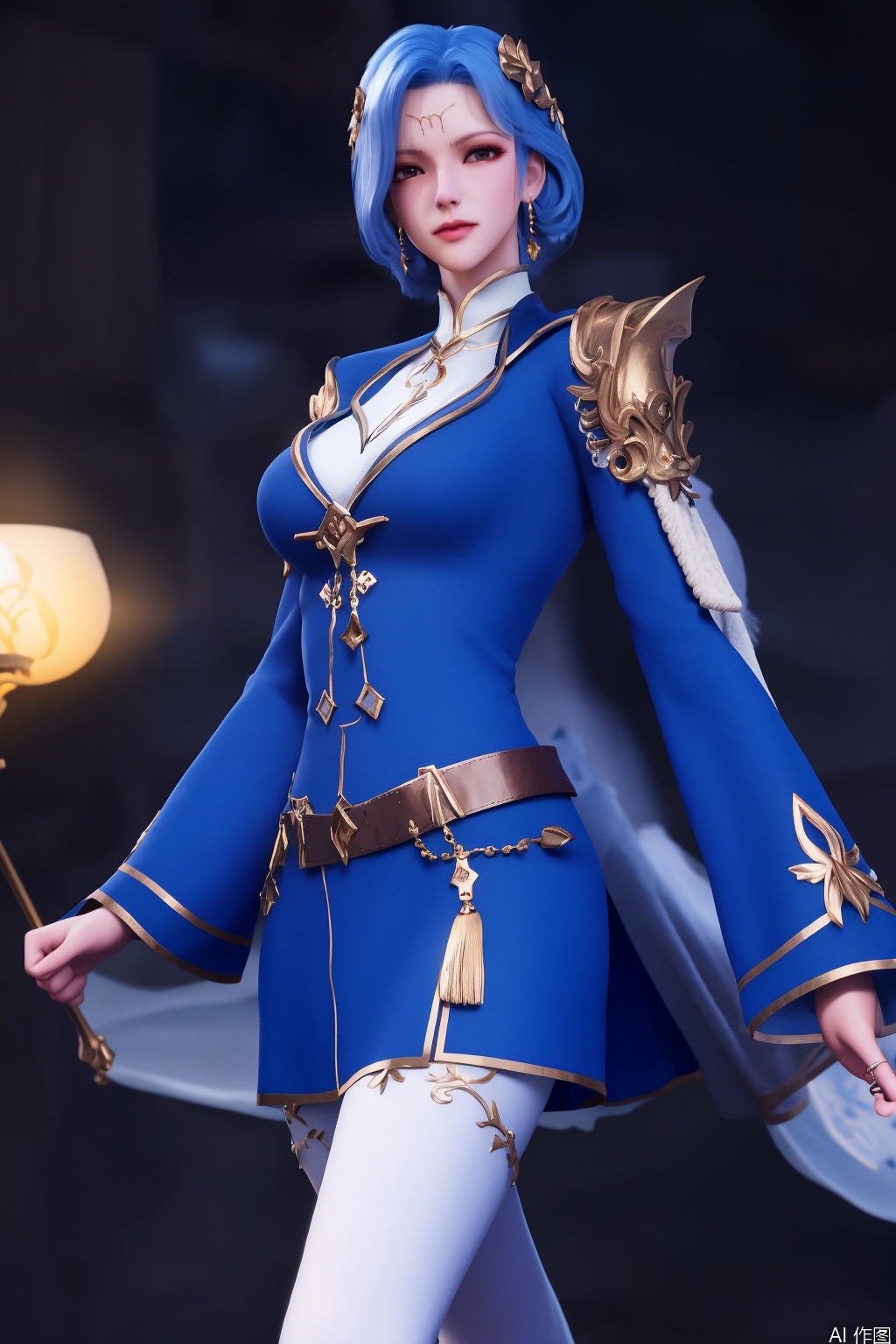 masterpiece,bestquaily,3D,3D Realism,3D Render,4K,8K  wallpaper,HDR,Movie-level lighting, high-precision rendering,,,,,1girl,solo,blue eyes,short hair,blue hair,hair ornament,jewelry,earrings,White lining, cleavage,uniform,Black silk long leg socks,Blue robe,staff,large breast,lanyanyu