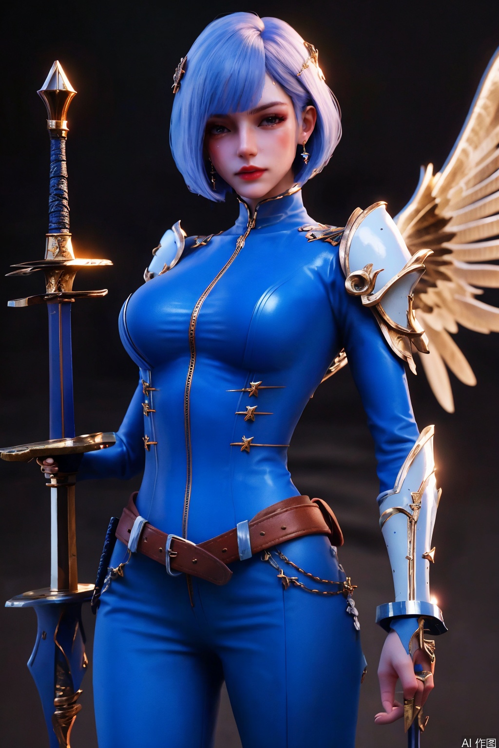 masterpiece,bestquaily,3D,3D Realism,3D Render,4K,8K  wallpaper,HDR,Movie-level lighting, high-precision rendering,glossy skin,glossy bodu,,,,1gilr, solo, breasts, looking at viewer, short hair, , holding, medium breasts, standing, weapon, cowboy shot, parted lips, wings, shiny, sword, blunt bangs, holding weapon, lips, bodysuit, night, glowing, holding sword, bob cut, building, skin tight, science fiction, red lips, blue bodysuit, 