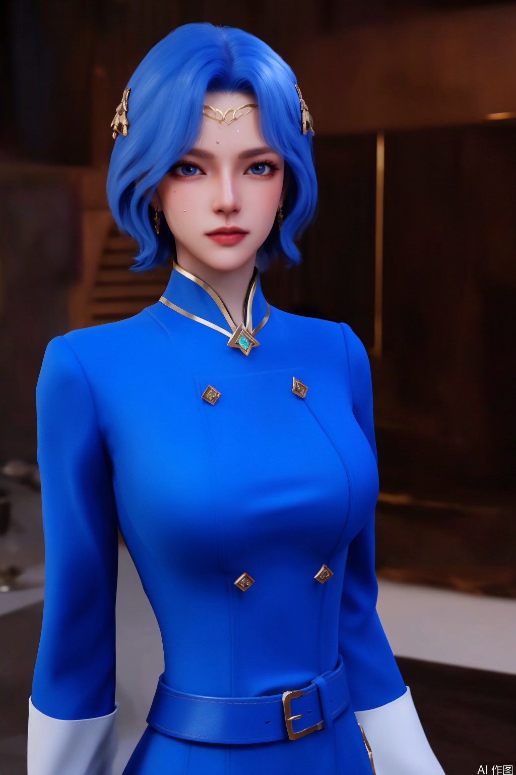 masterpiece,bestquaily,3D,3D Realism,3D Render,4K,8K  wallpaper,HDR,Movie-level lighting, high-precision rendering,,,,,1girl,solo,blue eyes,short hair,blue hair,hair ornament,jewelry,earrings,uniform,upper_body,blue dress,large breast,