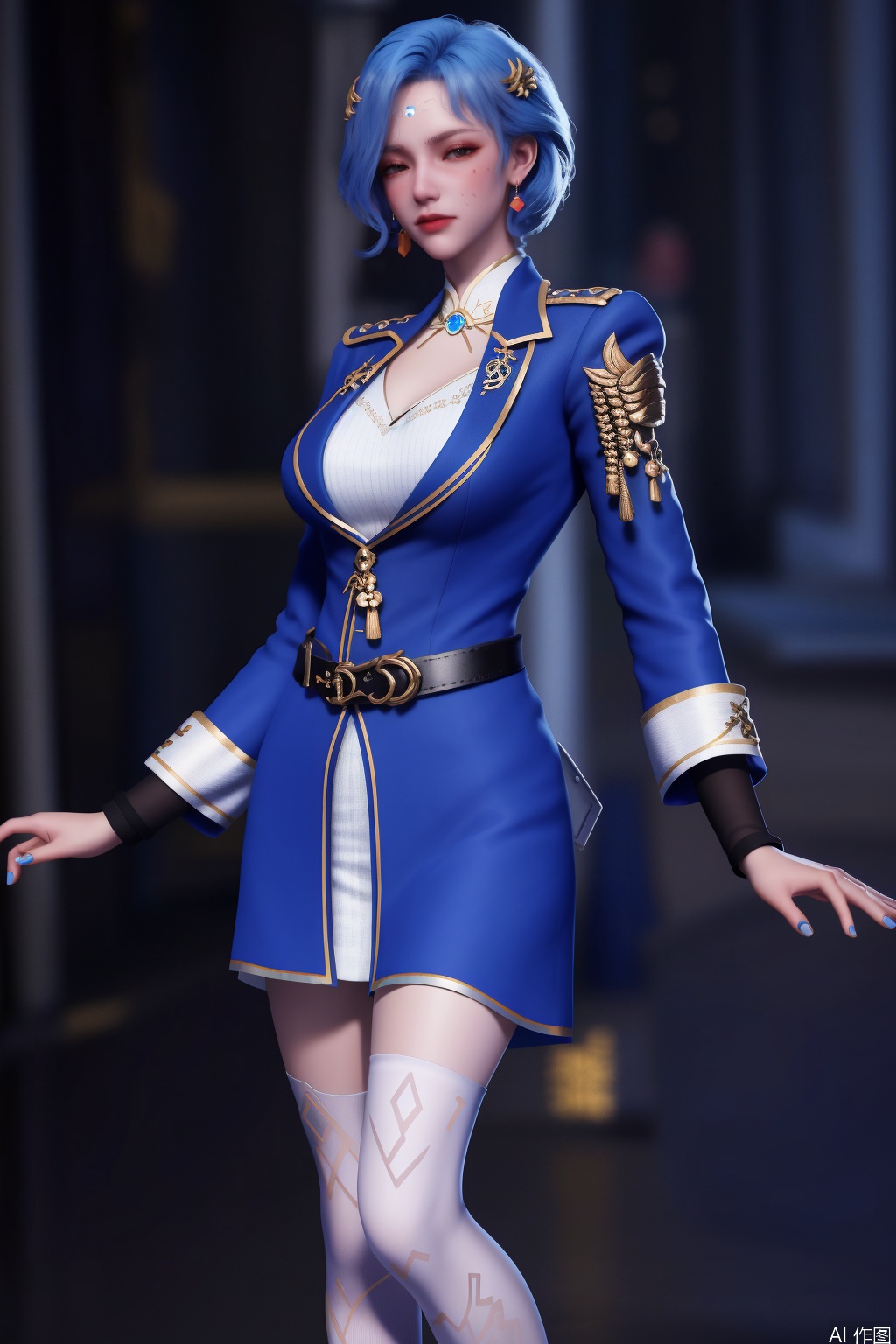 masterpiece,bestquaily,3D,3D Realism,3D Render,4K,8K  wallpaper,HDR,Movie-level lighting, high-precision rendering,,,,,1girl,solo,blue eyes,short hair,blue hair,hair ornament,jewelry,earrings,White lining, cleavage,uniform,Black silk long leg socks,Blue robe,staff,large breast,lanyanyu