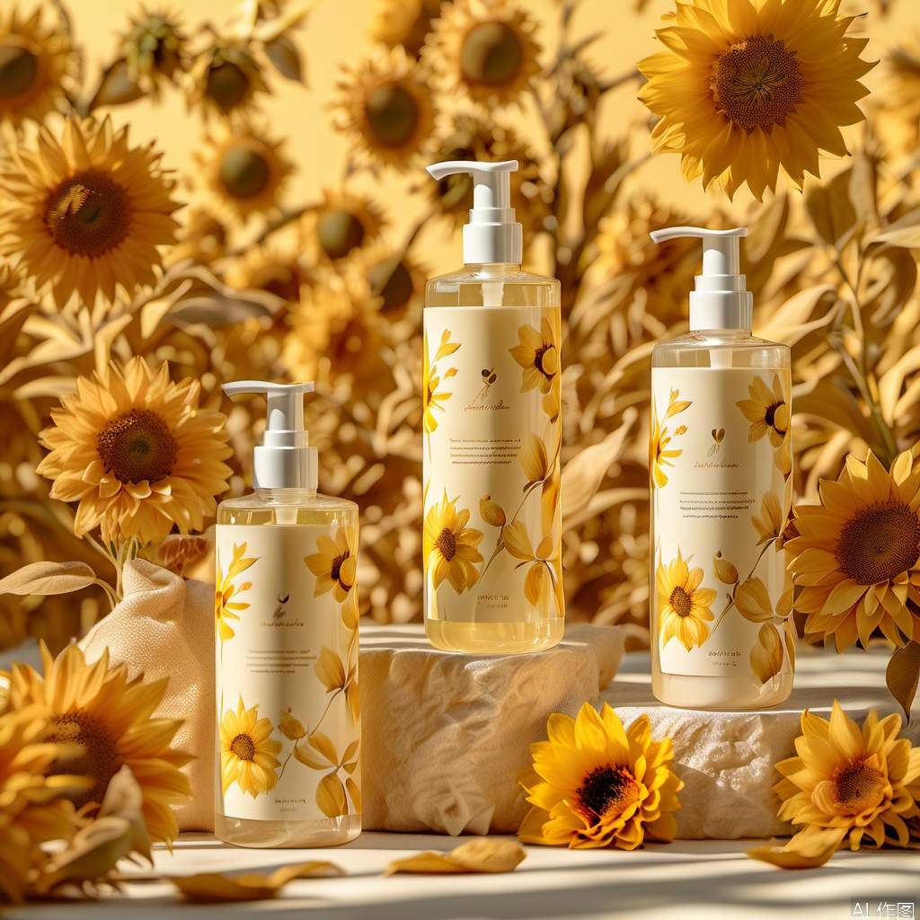 This image shows a scene full of autumn atmosphere, with blurred yellow and orange leaves in the background giving a warm and soft feel. There are three bottles of products in the foreground, and their design styles are consistent, all with flowers as the theme, with the main colors being yellow and white.

The three bottles of products have exquisite floral patterns on the label, including sunflowers and other flowers, conveying a natural, warm atmosphere. The bottle is simple and elegant, with a pump head design, which is easy to use.

The overall picture gives people a feeling of harvest, warm and comfortable in autumn, and is suitable for displaying products related to nature and seasons, such as skin care products, fragrances or toiletries.