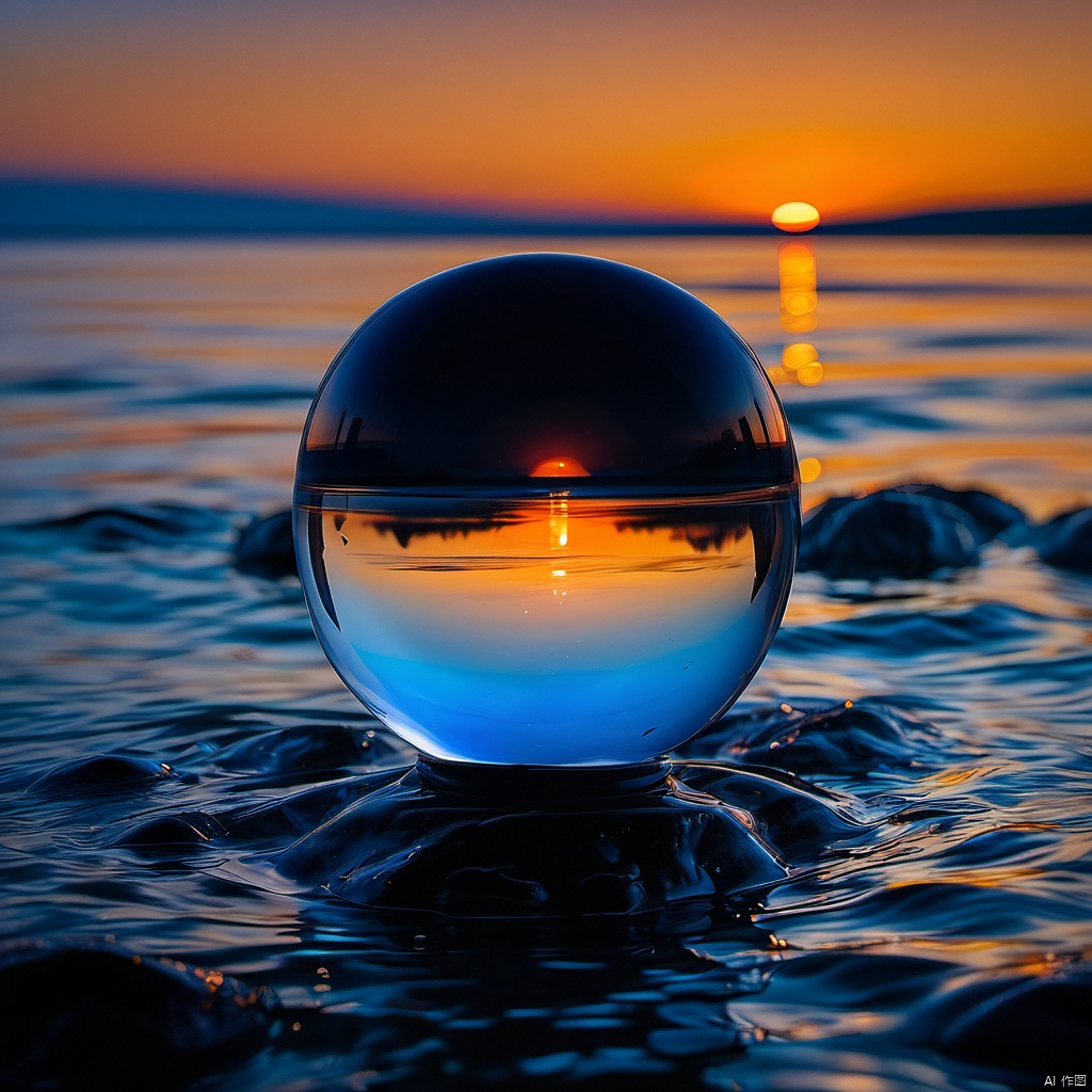 A transparent glass sphere filled with water is placed on top of a black rock in shallow waters at sunset. The sky has hues of orange and blue, indicating that it might be either sunrise or sunset. There are no texts visible in this image.
