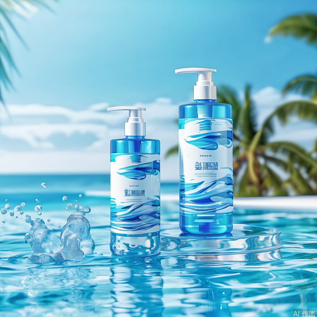 This image shows two products placed by the pool. The background is clear blue pool water, and the water surface is sparkling under the sunlight, giving people a fresh and cool feeling.

There are two bottles of products in the prospect, and their design styles are consistent, both with the ocean as the theme. The bottles are mainly white and blue in color, with the pattern of waves on the labels conveying a cool feeling associated with water. The bottle on the left is smaller and the bottle on the right is larger. Both have pump head designs for easy use.

The overall picture gives people a summer vacation, refreshing and comfortable feeling, and is suitable for displaying water-related products, such as sunscreen, shower gel or body lotion.