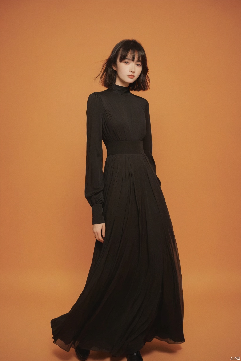1girl,hair with bangs,black long dress,orange background,