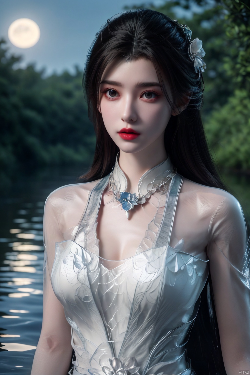  (8k, RAW photo, best quality, masterpiece:1.2), (super realistic, photo-realistic:1.3), ultra-detailed, extremely detailed cg 8k wallpaper, hatching (texture), 1 girl, flower, (moon), moonlight, water surface, long hair, windy,Xlimuwan, Xmedusa,Yunxiao_Fairy,,(big breasts:1.39)