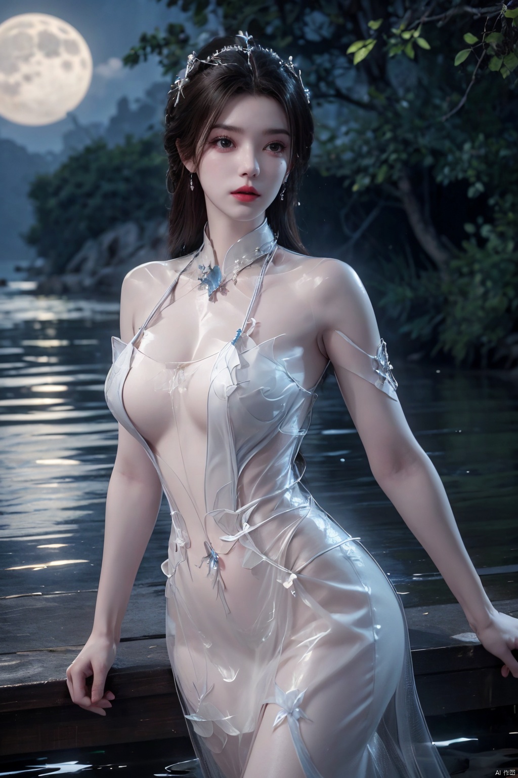  (8k, RAW photo, best quality, masterpiece:1.2), (super realistic, photo-realistic:1.3), ultra-detailed, extremely detailed cg 8k wallpaper, hatching (texture), skin gloss, light persona, (crystalstexture skin:1.2), (extremely delicate and beautiful), ultra-high resolution, (photo realistic: 1.4), Surrealism, Fantastical verisimilitude, beautiful blue-skinned goddess Phoenix Peacock on her head, fantastical creation, thriller color scheme, surrealism, abstract, psychedelic, 1 girl, flower,(translucent white gauze dress:1.3), (moon), moonlight, water surface, long hair, windy, qingyi, ll-hd, pf-hd, ty-hd, lmw-hd,Xlimuwan, Xmedusa,Yunxiao_Fairy,,(big breasts:1.39)