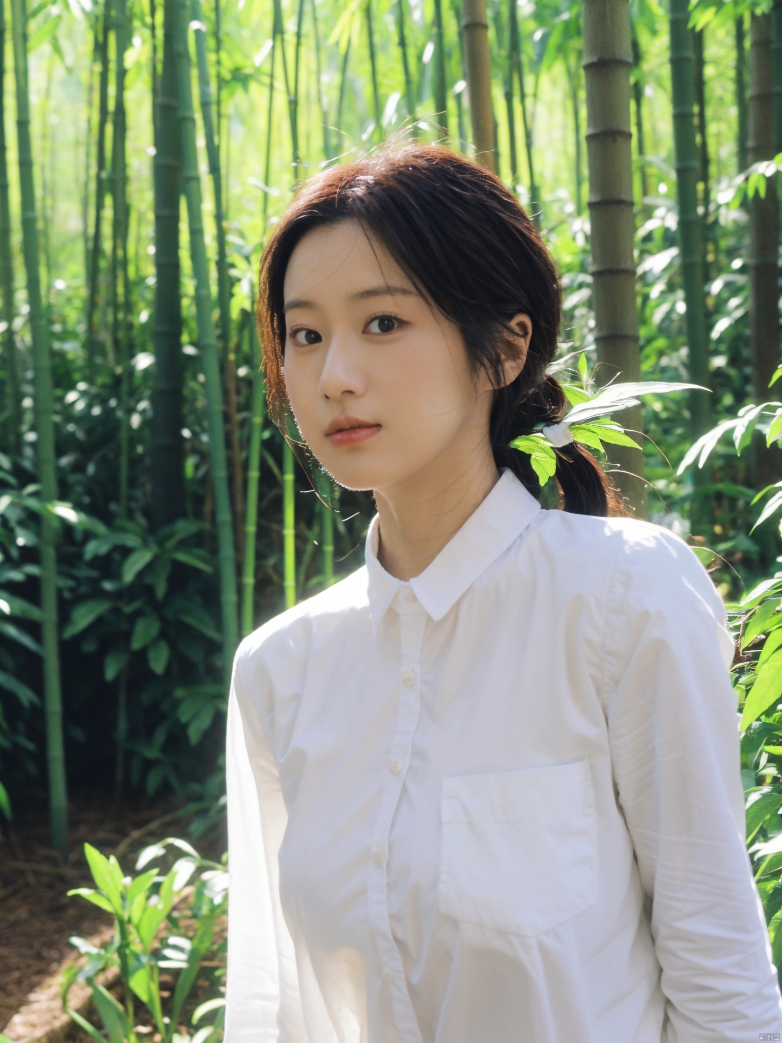 tree, 1girl, nature, forest, bush, christmas_tree, palm_tree, solo, plant, breasts, outdoors, jungle, bamboo, park, photo_background, day, photo_\(medium\), bamboo_forest, fence, cosplay_photo