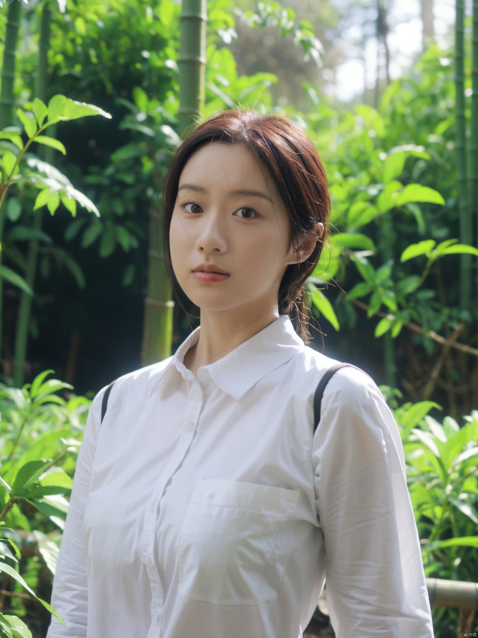 tree, 1girl, nature, forest, bush, christmas_tree, palm_tree, solo, plant, breasts, outdoors, jungle, bamboo, park, photo_background, day, photo_\(medium\), bamboo_forest, fence, cosplay_photo