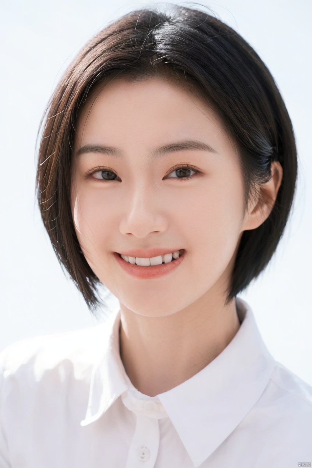 1girl,  looking at viewer, smile, short hair, simple background, shirt, black hair, white background, brown eyes, white shirt, upper body, teeth, collared shirt, grin, black eyes, lips, realistic, stewardess,multiplegirls, SaayaIrie