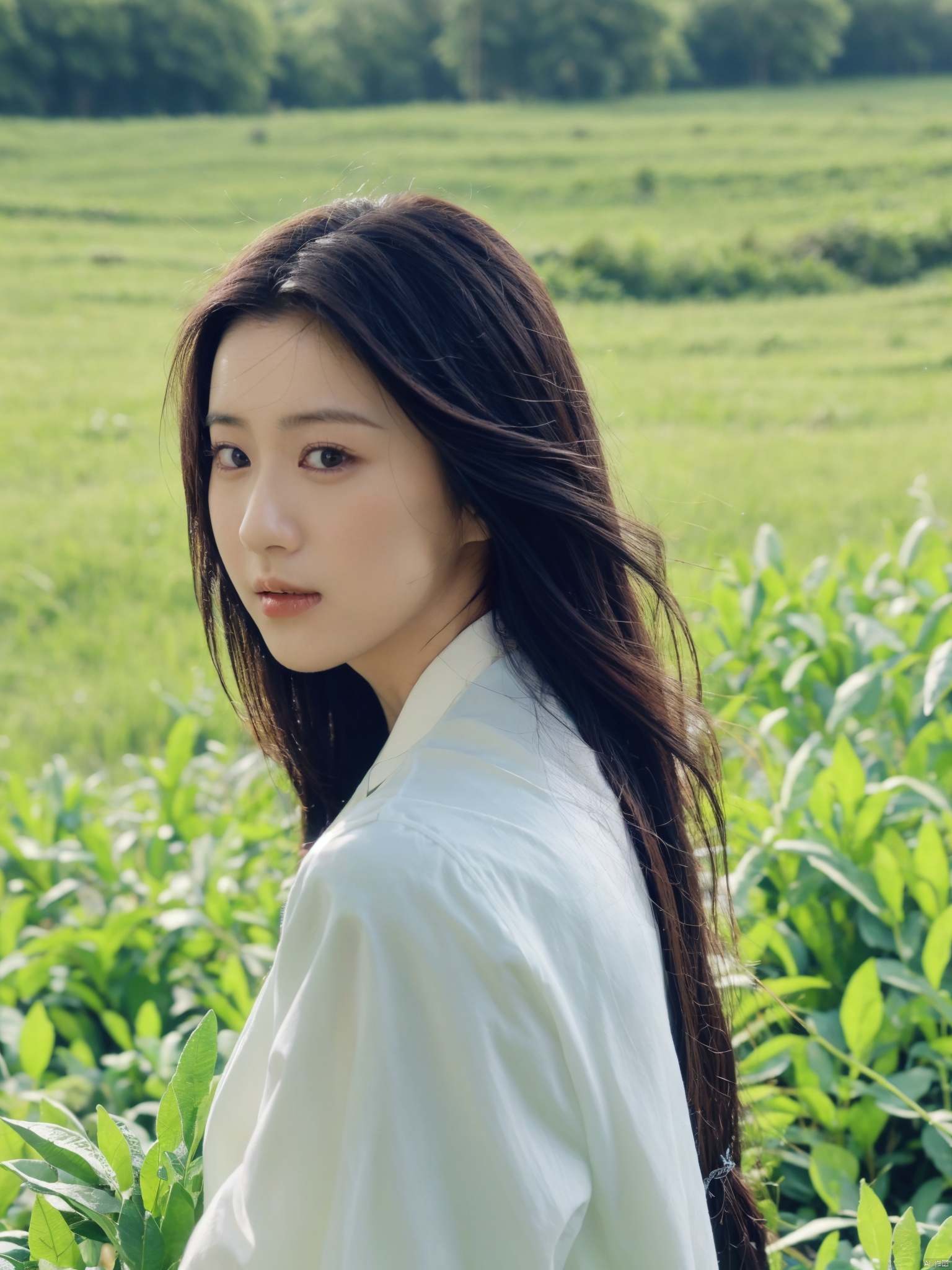 grass, plant, 1girl, field, black_hair, realistic, nature