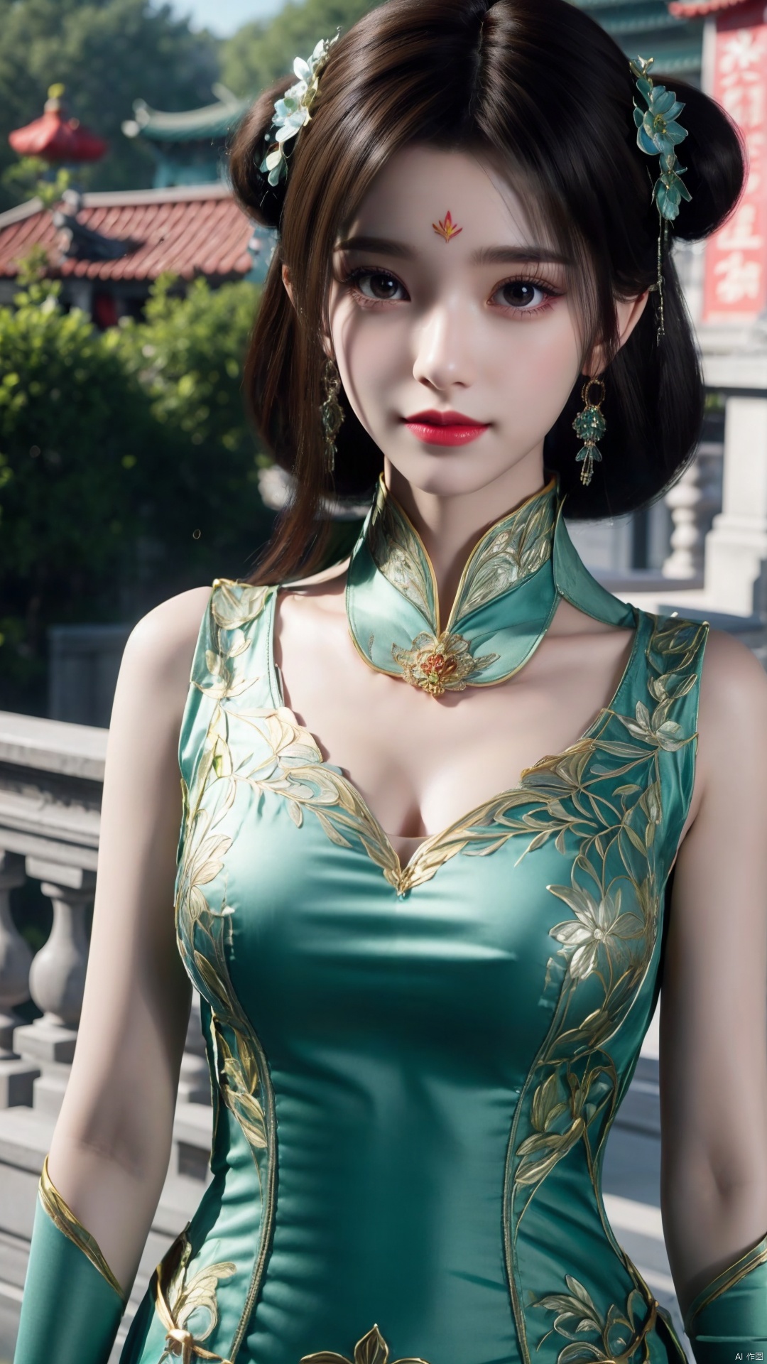 1girl, dress, forehead mark, hair rings, black hair, green dress, hair ornament, facial mark, chinese clothes, mischevious smile, perfect body, scenery, sharp focus, best quality, masterpiece, detailed outfit, illustration, perfect eyes, finely detailed beautiful anime eyes, realistic skin, intricate details, best lighting, depth of field, ultra high resolution,cowboy_shot, dynamic pose, dynamic angle,Xchengling
