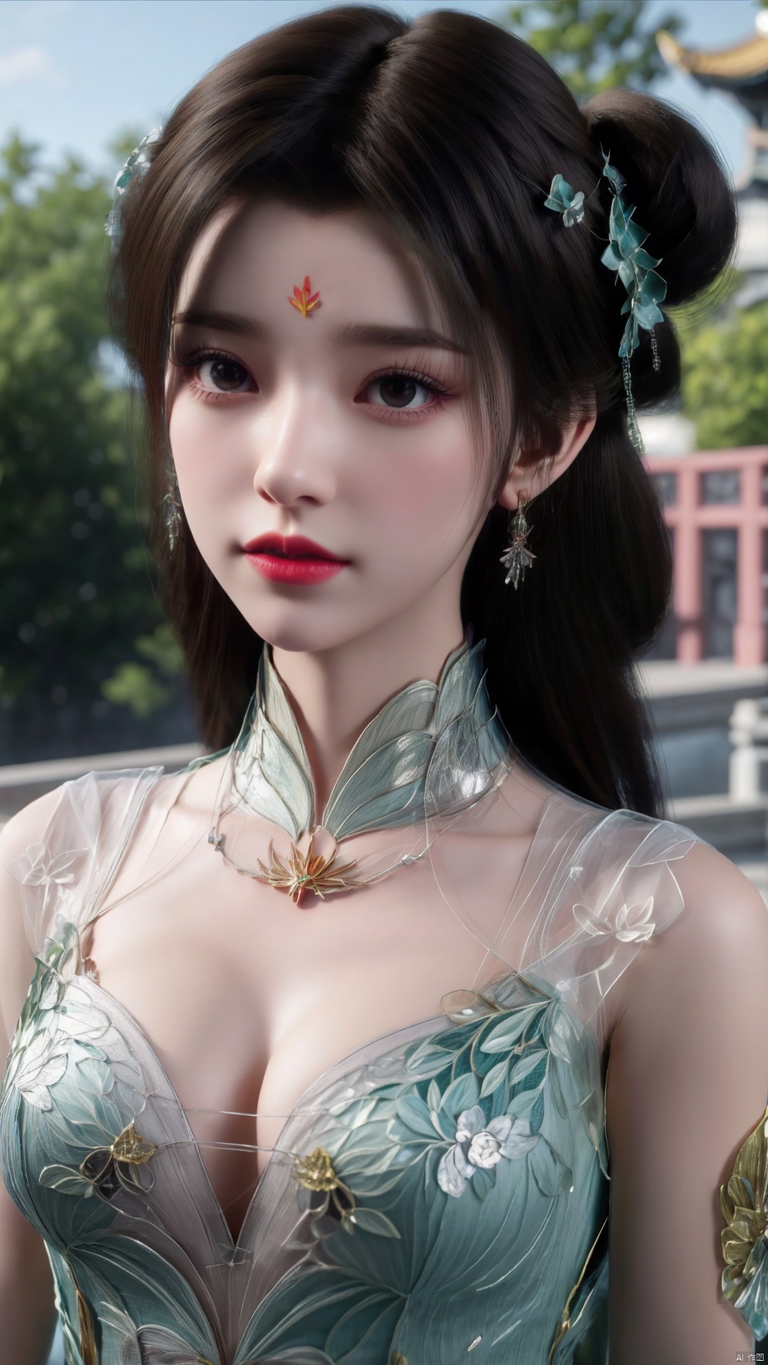 1girl, dress, forehead mark, hair rings, black hair, green dress, hair ornament, facial mark, chinese clothes, mischevious smile, perfect body, scenery, sharp focus, best quality, masterpiece, detailed outfit, illustration, perfect eyes, finely detailed beautiful anime eyes, realistic skin, intricate details, best lighting, depth of field, ultra high resolution,cowboy_shot, dynamic pose, dynamic angle,Xchengling,(big breasts:1.23),Xlimuwan,Xyunxi,xhuolinger,Xlujiejie,X-Hydrangea