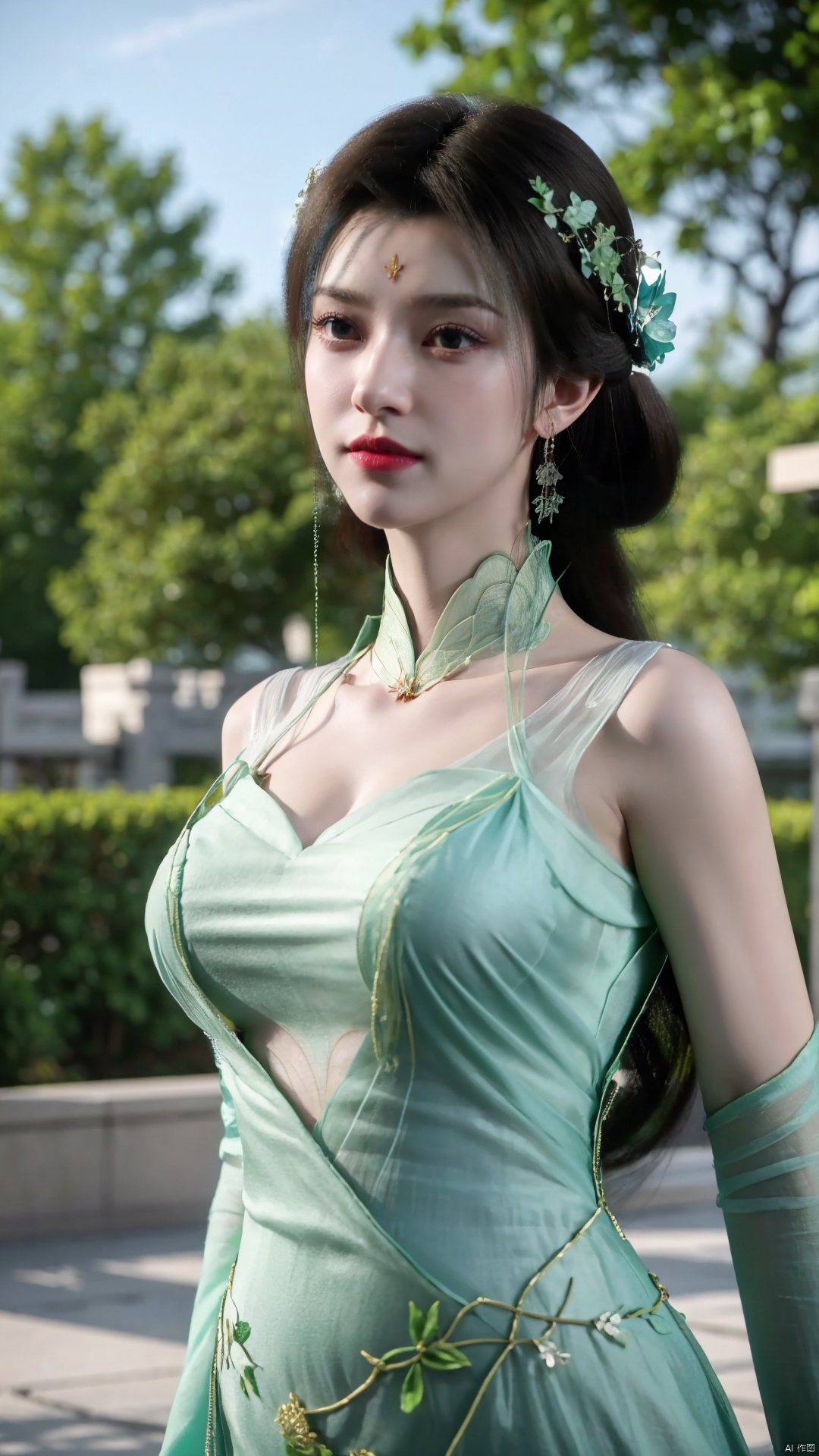 1girl, dress, forehead mark, hair rings, black hair, green dress, hair ornament, facial mark, chinese clothes, mischevious smile, perfect body, scenery, sharp focus, best quality, masterpiece, detailed outfit, illustration, perfect eyes, finely detailed beautiful anime eyes, realistic skin, intricate details, best lighting, depth of field, ultra high resolution,cowboy_shot, dynamic pose, dynamic angle,Xchengling,(big breasts:1.29),Hydrangea,Xlimuwan,Xyunxi,xhuolinger,Xlujiejie,X-Hydrangea