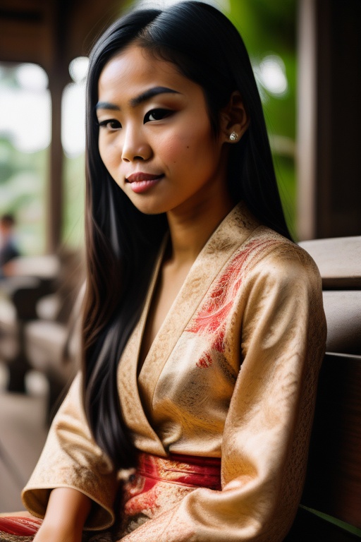A young Indonesian woman,  20 years old,  sits elegantly on a traditional wooden bench on Tensor.Art