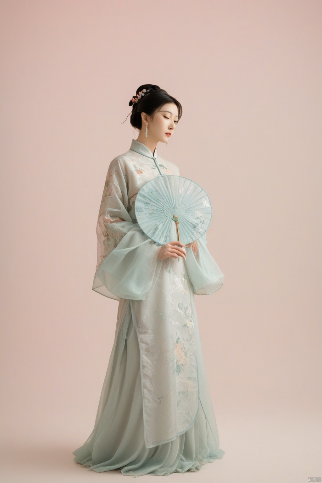 a woman in a chinese dress holding a fan, trending on cg society, in pastel colors, wearing organza gown, cheongsam, brocade dress, h 7 0 4, 💣 💥