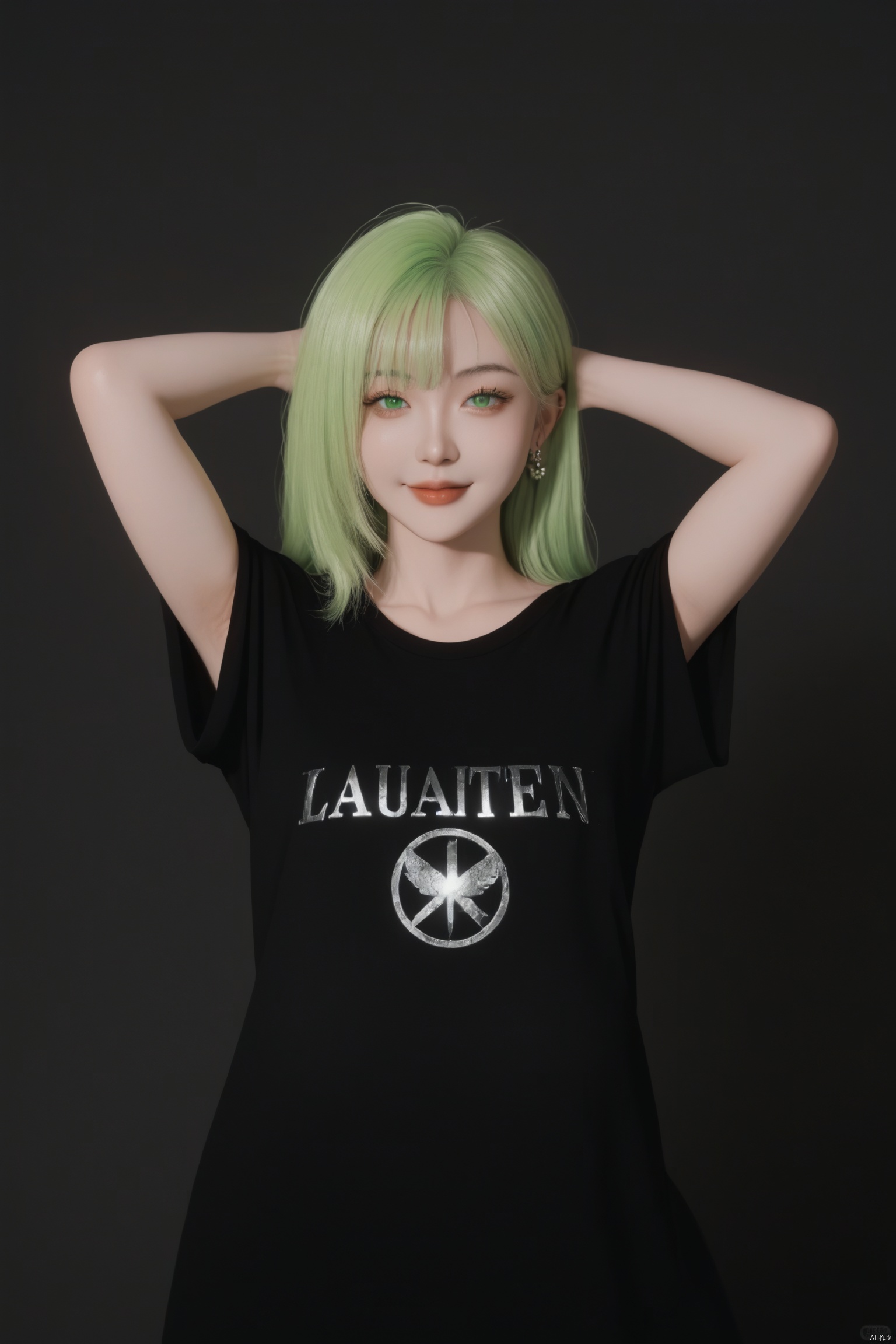 score_9,score_8_up,score_7_up,score_6_up,masterpiece,best quality,ultra-detailed,very aesthetic,absurdres,
1girl,pale skin,green eyes,thick black eyelashes,black eyeliner,dark eyeshadow,neon green hair,long hair,bangs,big breasts,oversized black t-shirt,ear piercings,looking at the viewer,bedroom eyes,seductive smile,g0thicPXL,glowing hair,glowing eyes,neon,arm behind head,arched back,dark background,cowboy shot,