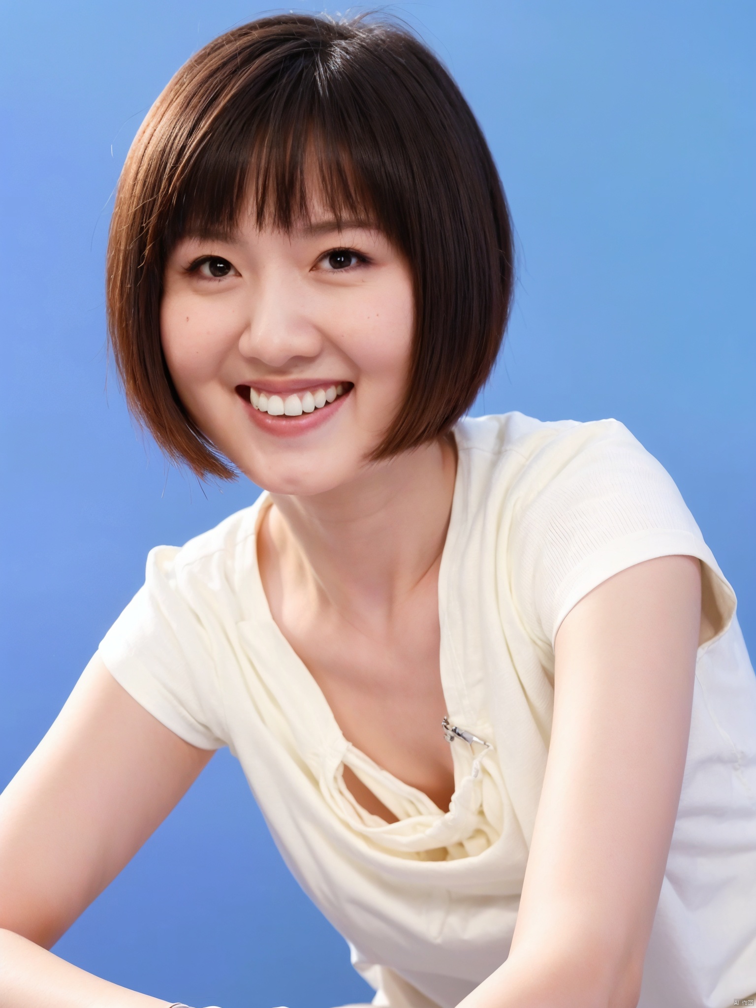 1girl, solo, realistic, teeth, upper_body, looking_at_viewer, blue_background, short_sleeves