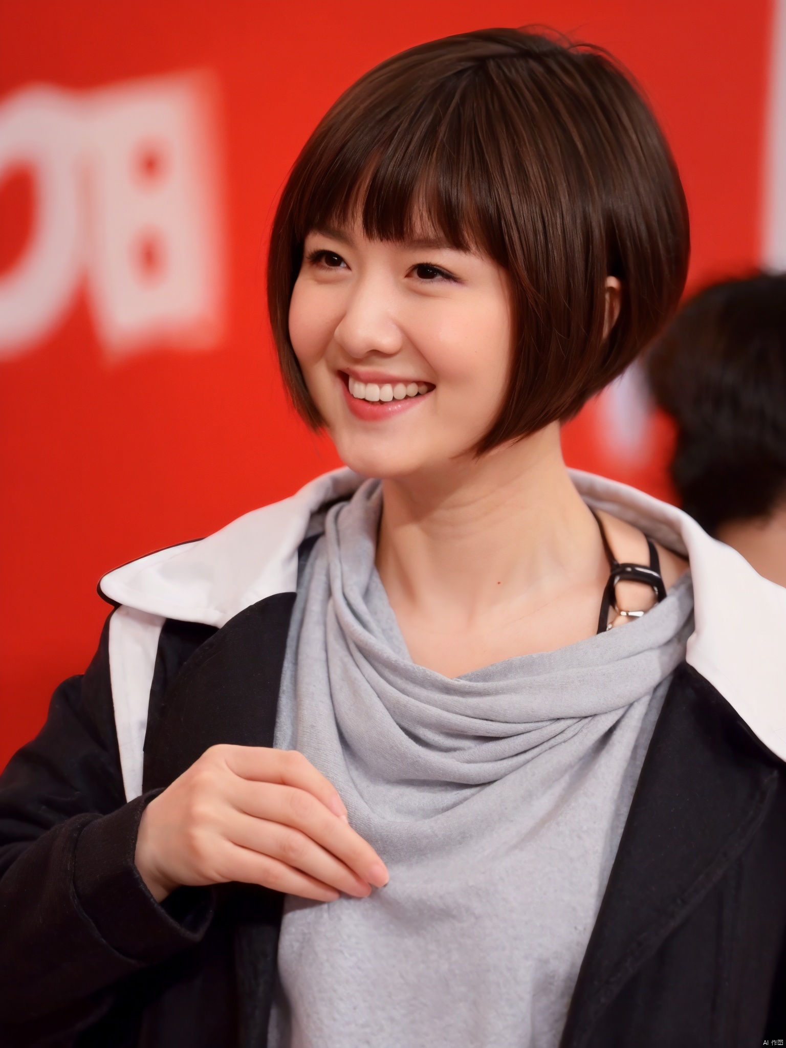 ( Fujicolor, UHD, super detail ,raw,85mm,f/1.2,FujifilmXT4,16K) ,blurry, depth_of_field, blurry_foreground, blurry_background, photo_\(medium\), motion_blur, 3d,1girl, black_background, short_hair, solo, teeth, lips, brown_hair, blunt_bangs, breasts, realistic, smile