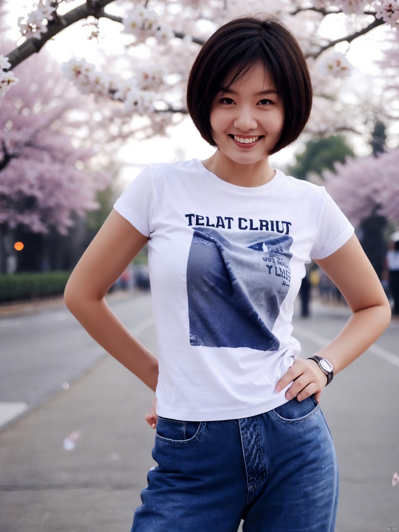 1girl, tree, solo, hand_on_hip, hands_on_hips, watch, wristwatch, denim, short_hair, shirt, cherry_blossoms, wristband, t-shirt, pants, jeans, bare_tree, clothes_writing, blurry