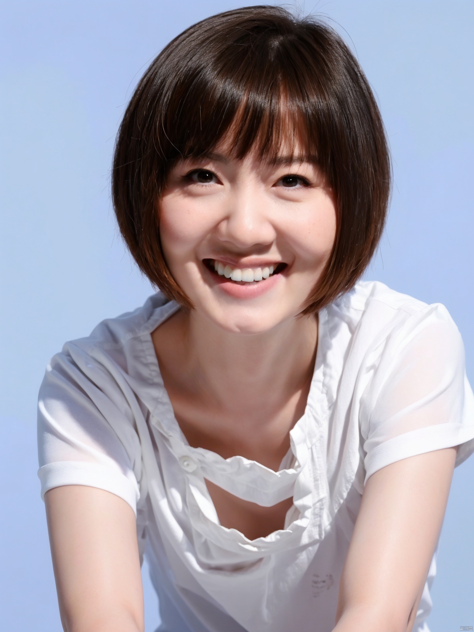 1girl, solo, realistic, teeth, upper_body, looking_at_viewer, blue_background, short_sleeves
