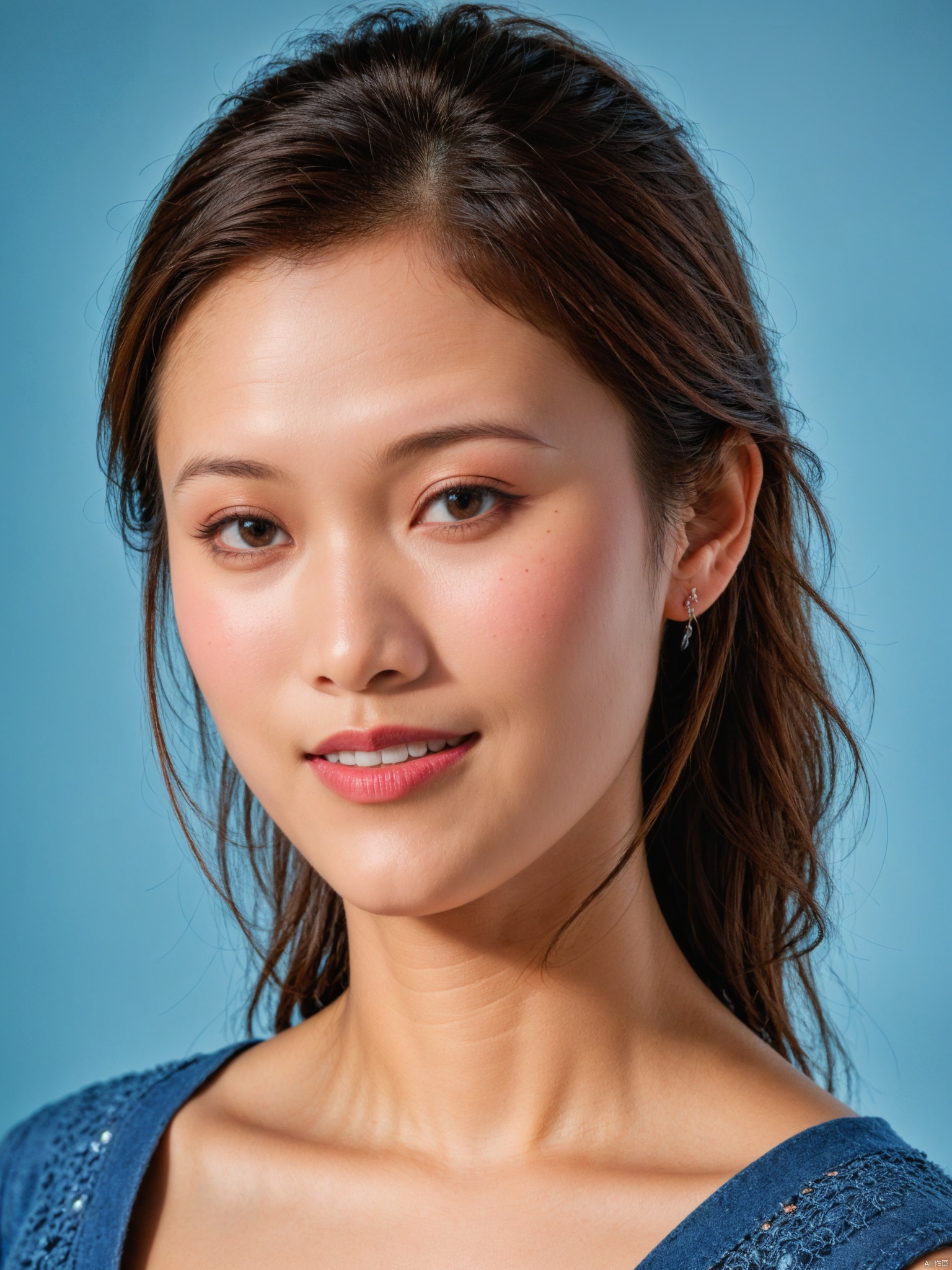 1girl, solo, looking at viewer, smile,  brown hair,  brown eyes, jewelry, closed mouth, upper body, earrings, lips, blue background, portrait, realistic, nose
