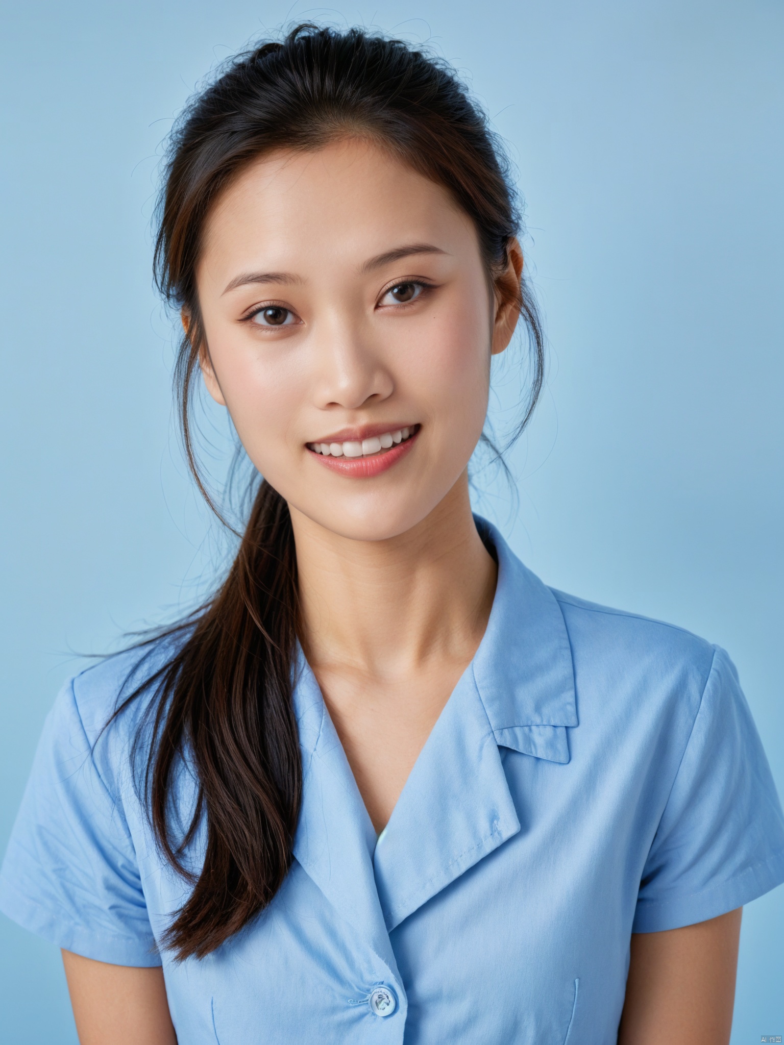 1girl, solo, realistic, teeth, upper_body, looking_at_viewer, blue_background, short_sleeves