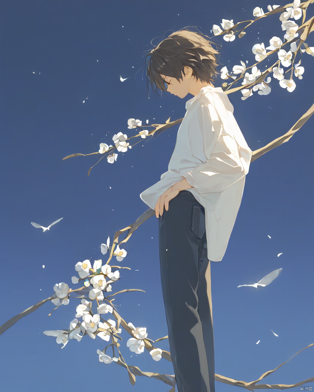 solo, short hair, simple background, brown hair, shirt, black hair, long sleeves, 1boy, holding, standing, closed eyes, white shirt, flower, male focus, sky, barefoot, pants, from side, gradient, gradient background, profile, blue background, black pants, bug, white flower, wind, light particles, backlighting, branch