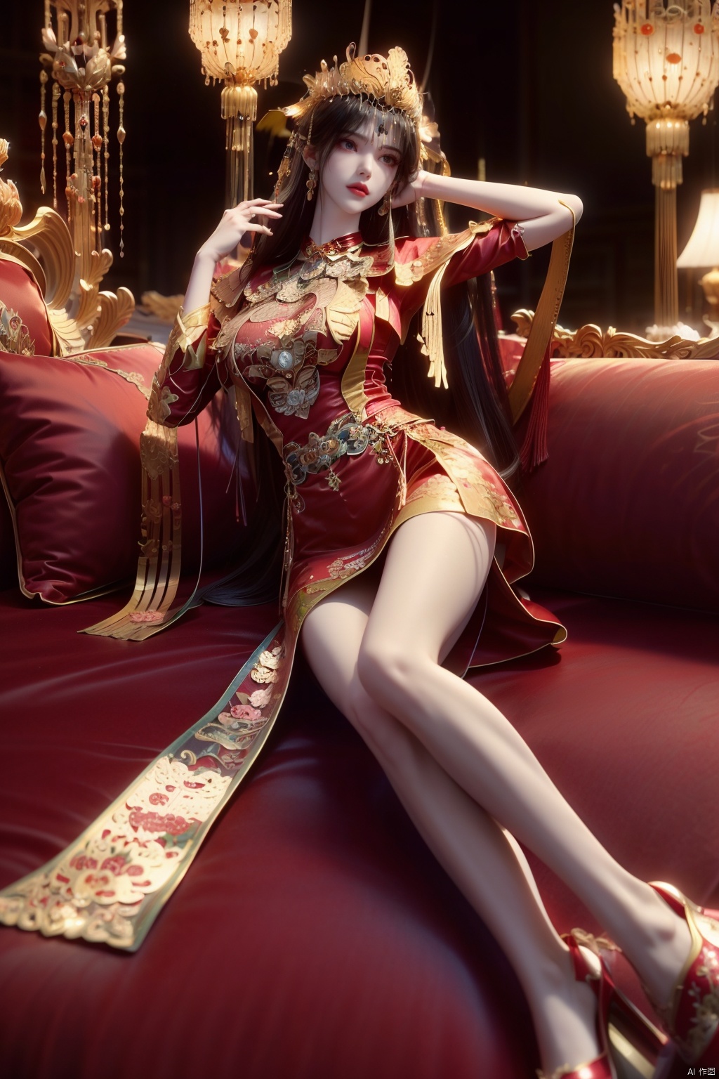 1girl,artist name,bangs,black eyes,black hair,chinese clothes,crown,floral print,gem,gold,jewelry,lips,lipstick,long hair,looking at viewer,makeup,red lips,solo,earrings,hair ornament,necklace,red dress,((poakl)),full-body,Perfectly proportioned,ray tracing,Bare Feet,shiny_skin,oil,Show your long legs,(Red high heels:1.4),(Lying in bed:1.5),Beautiful thighs, show the thighs,LiMuWan