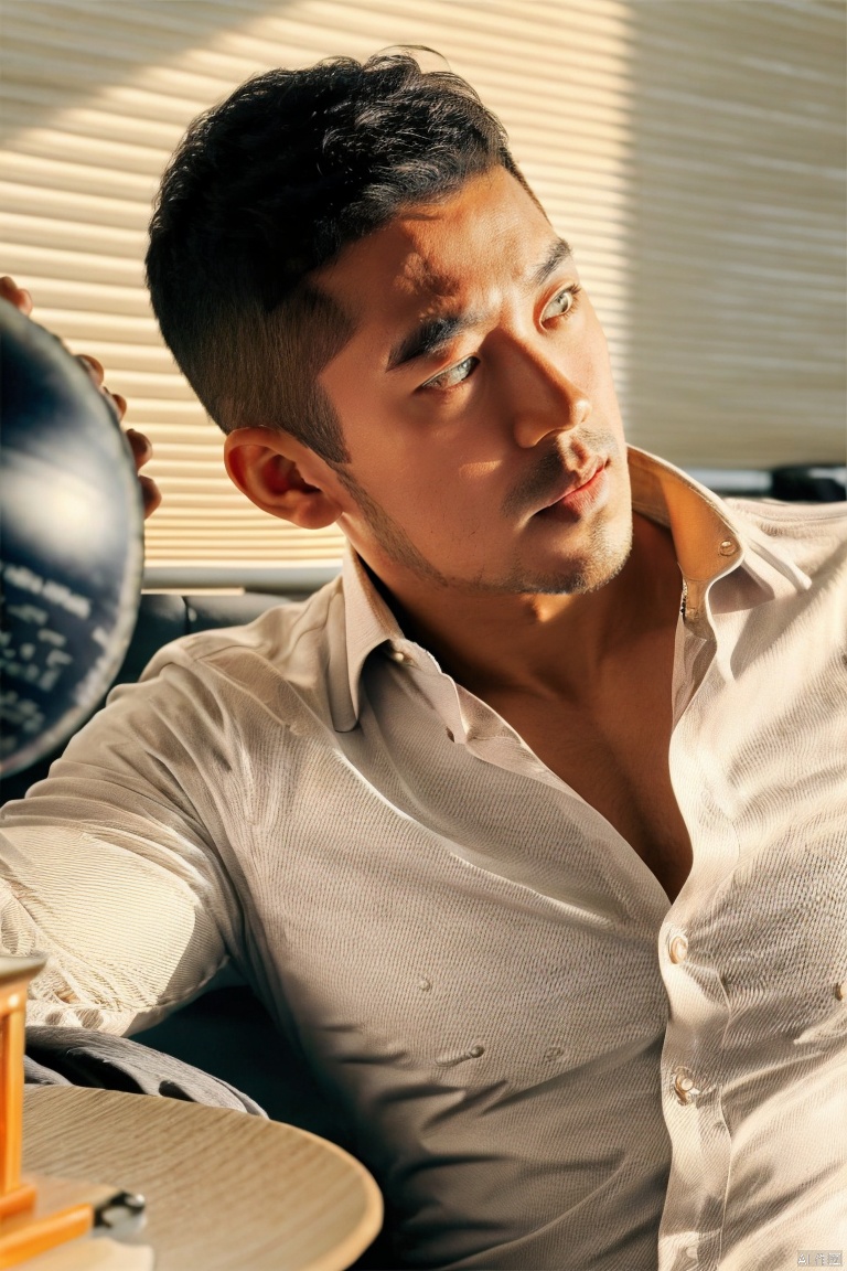 jzns,yah,1man,male focus,solo,handsome,charming eys,black shirt, open shirt, muscular,bust, golden hour lighting,masterpiece,realistic,best quality,highly detailed,