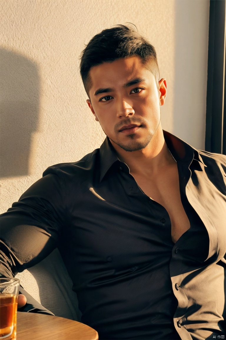 jzns,yah,1man,male focus,solo,handsome,realistic,black shirt, open shirt, muscular,bust, golden hour lighting,masterpiece,realistic,best quality,highly detailed,