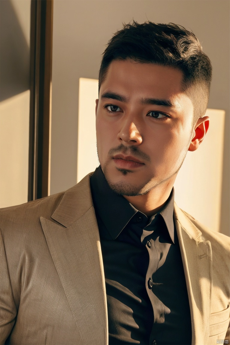 jzns,yah,1man,male focus,solo,handsome,realistic,black shirt, collared shirt, bust, golden hour lighting,masterpiece,realistic,best quality,highly detailed,