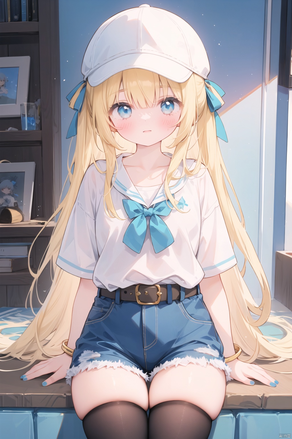  1girl, bangle, bangs, baseball_cap, belt, blonde_hair, blue_bow, blue_headwear, blue_legwear, blue_nails, blue_shorts,修手,hands