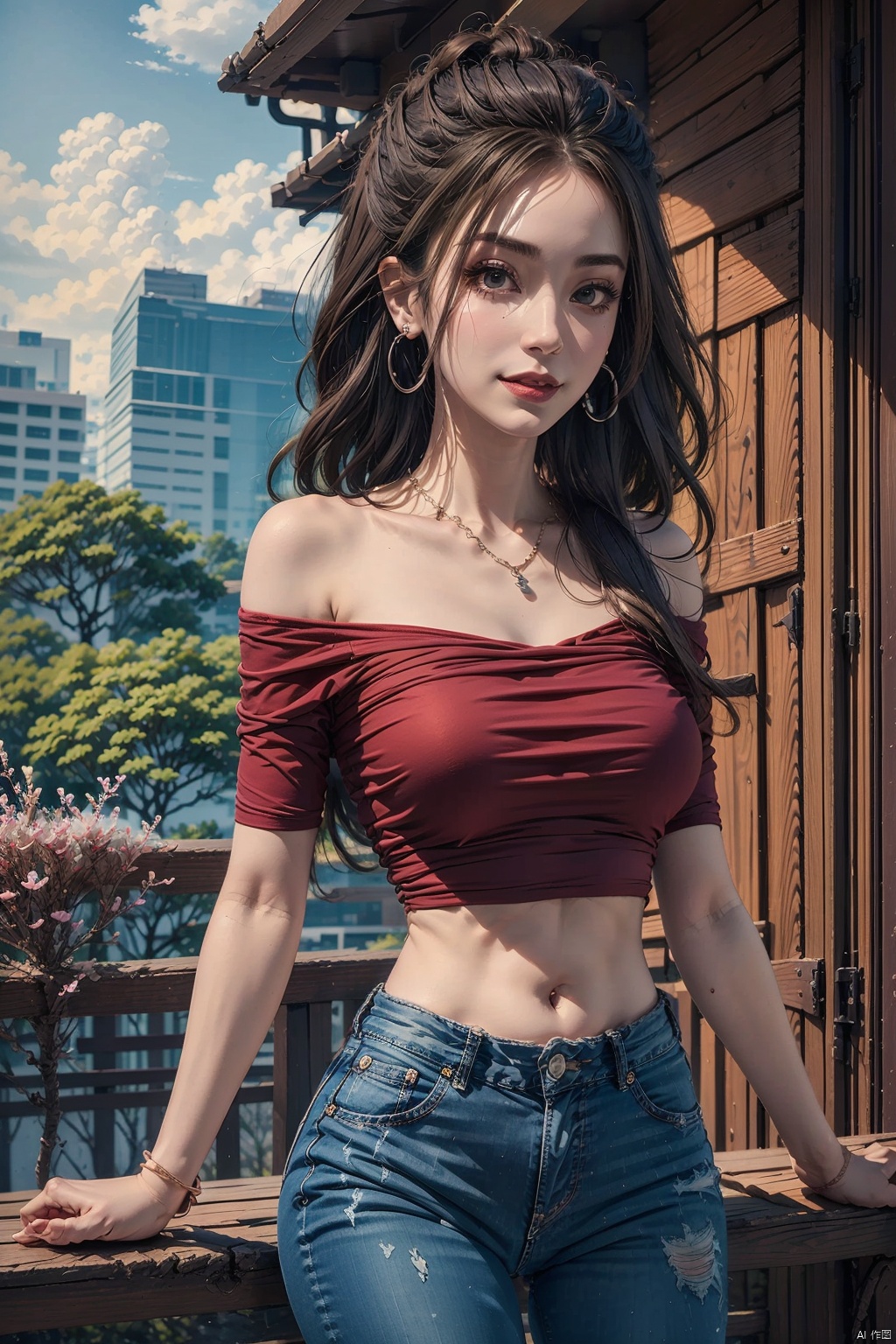  masterpiece, ultra-clear picture quality, real effect, 8k ultra-clear, fine picture effect, 1girl, solo, long hair, breasts, looking at viewer, smile, brown hair, shirt, black hair, navel, jewelry, flower, short sleeves, earrings, outdoors, parted lips, day, midriff, pants, necklace, off shoulder, lips, crop top, head tilt, leaf, plant, denim, cherry blossoms, building, red shirt, jeans, realistic, off-shoulder shirt, red lips