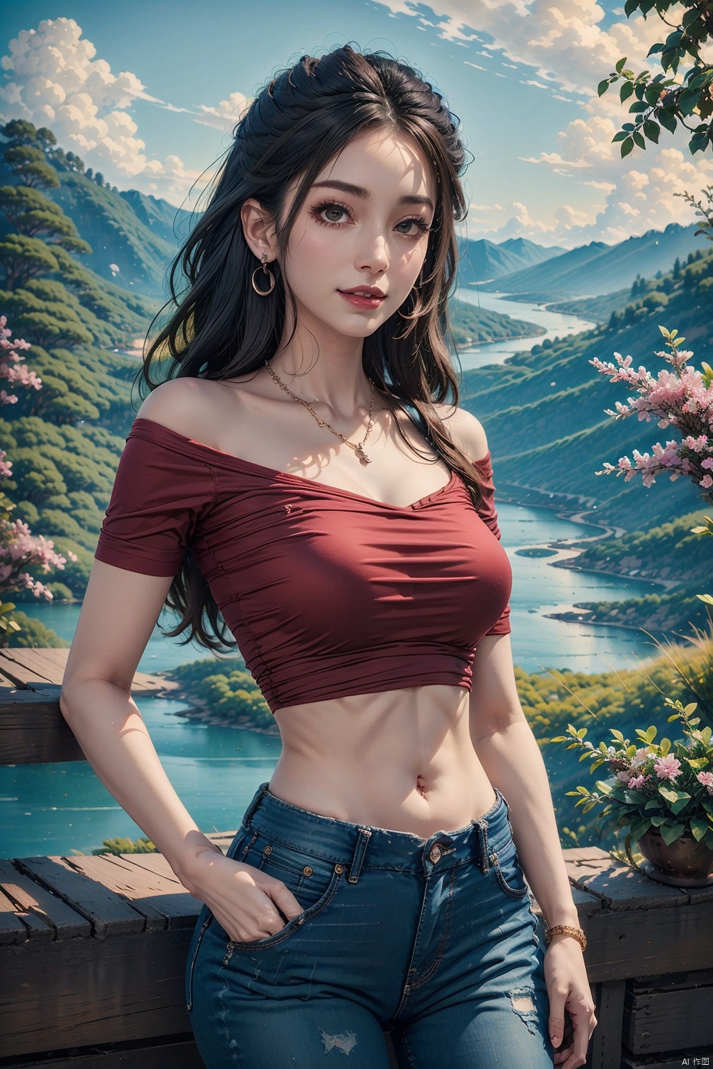  masterpiece, ultra-clear picture quality, real effect, 8k ultra-clear, fine picture effect, 1girl, solo, long hair, breasts, looking at viewer, smile, brown hair, shirt, black hair, navel, jewelry, flower, short sleeves, earrings, outdoors, parted lips, day, midriff, pants, necklace, off shoulder, lips, crop top, head tilt, leaf, plant, denim, cherry blossoms, building, red shirt, jeans, realistic, off-shoulder shirt, red lips