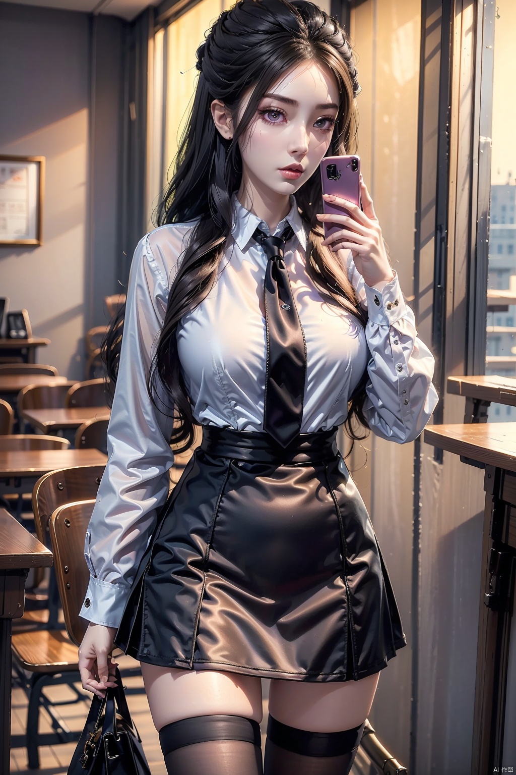  8K image., shinkai color,1girl, solo, long hair, skirt, shirt, thighhighs, holding, school uniform, purple eyes, white shirt, black hair, necktie, black thighhighs, bag, zettai ryouiki, phone, cellphone, smartphone, holding phone