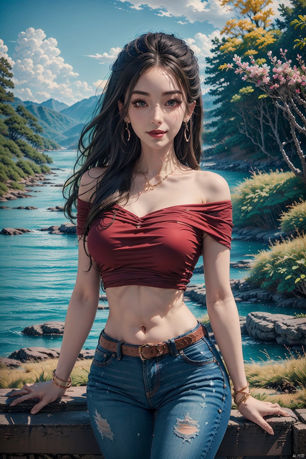  masterpiece, ultra-clear picture quality, real effect, 8k ultra-clear, fine picture effect, 1girl, solo, long hair, breasts, looking at viewer, smile, brown hair, shirt, black hair, navel, jewelry, flower, short sleeves, earrings, outdoors, parted lips, day, midriff, pants, necklace, off shoulder, lips, crop top, head tilt, leaf, plant, denim, cherry blossoms, building, red shirt, jeans, realistic, off-shoulder shirt, red lips