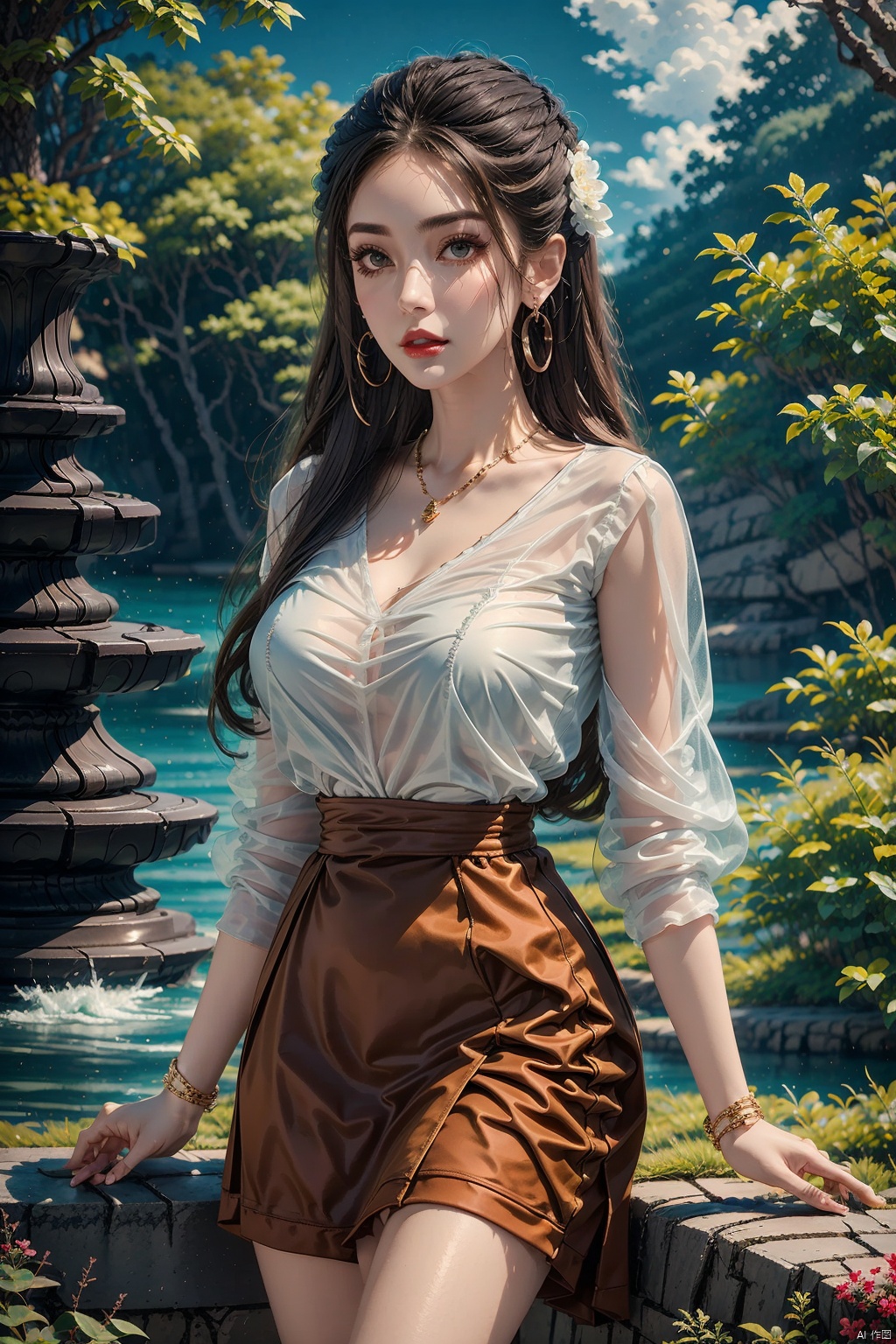  masterpiece, ultra-clear picture quality, real effect, 8k ultra-clear, fine picture effect, ((poakl)),1girl, solo, long hair, breasts, looking at viewer, skirt, brown hair, shirt, brown eyes, jewelry, sitting, white shirt, flower, earrings, outdoors, food, day, necklace, high heels, bracelet, see-through, red skirt, umbrella, sandals, table, plant, hoop earrings, red lips